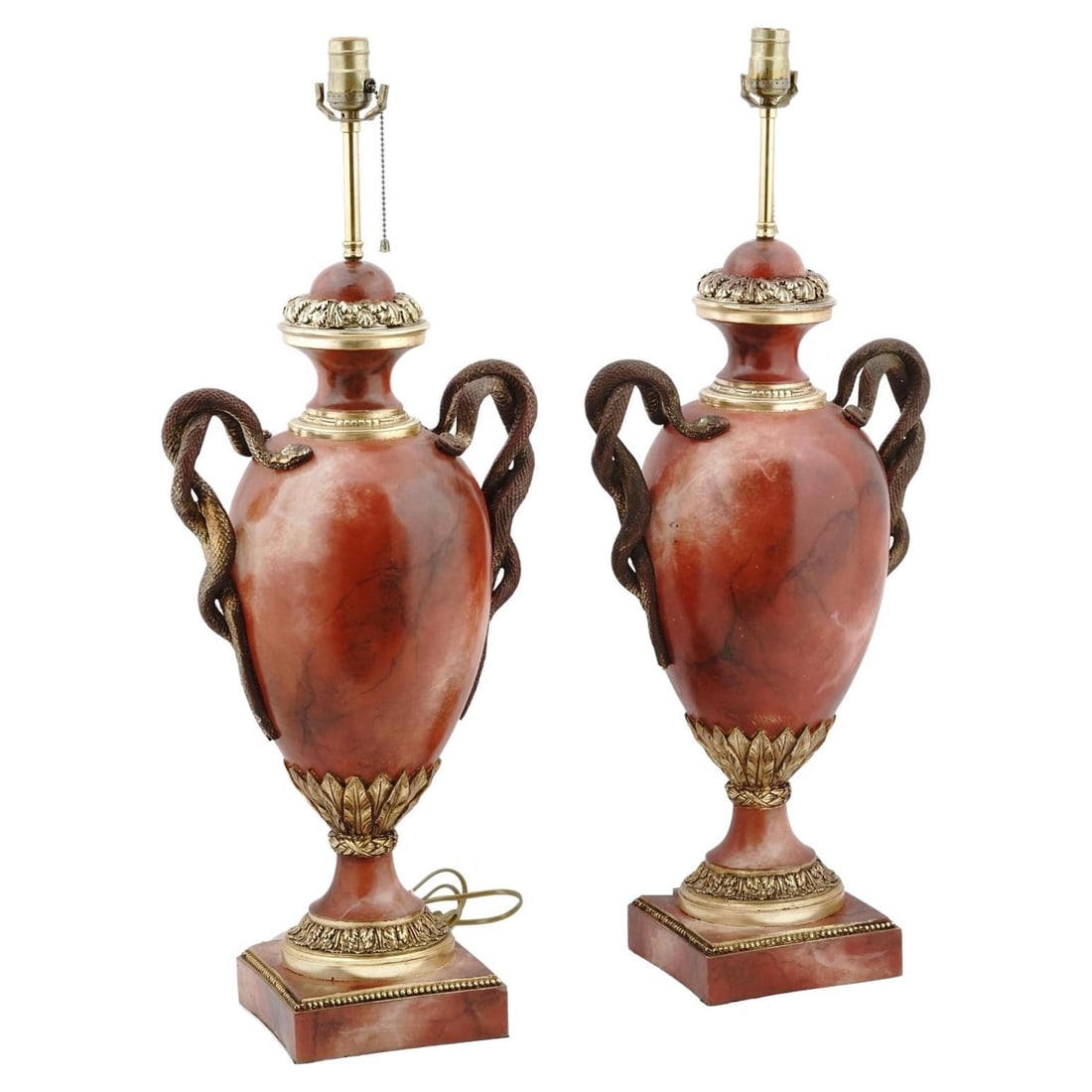 Set of Two English Snake Motif Rouge Marble Style Table Lamps (1 of 8)
