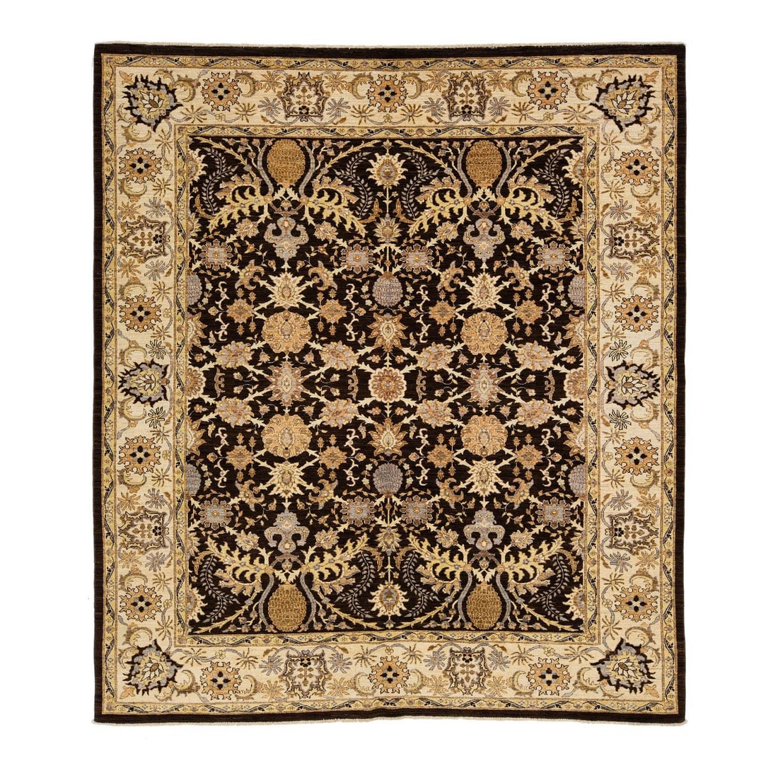 Handmade Antique Peshawar Wool Rug 8'3 x 9'5 Brown Floral Design: Handmade Antique Peshawar Wool Rug 8'3 x 9'5 Brown Floral Design Discover the elegance of this exquisite hand-knotted antique Peshawar wool rug, showcasing a rich brown field adorned with a beige fram