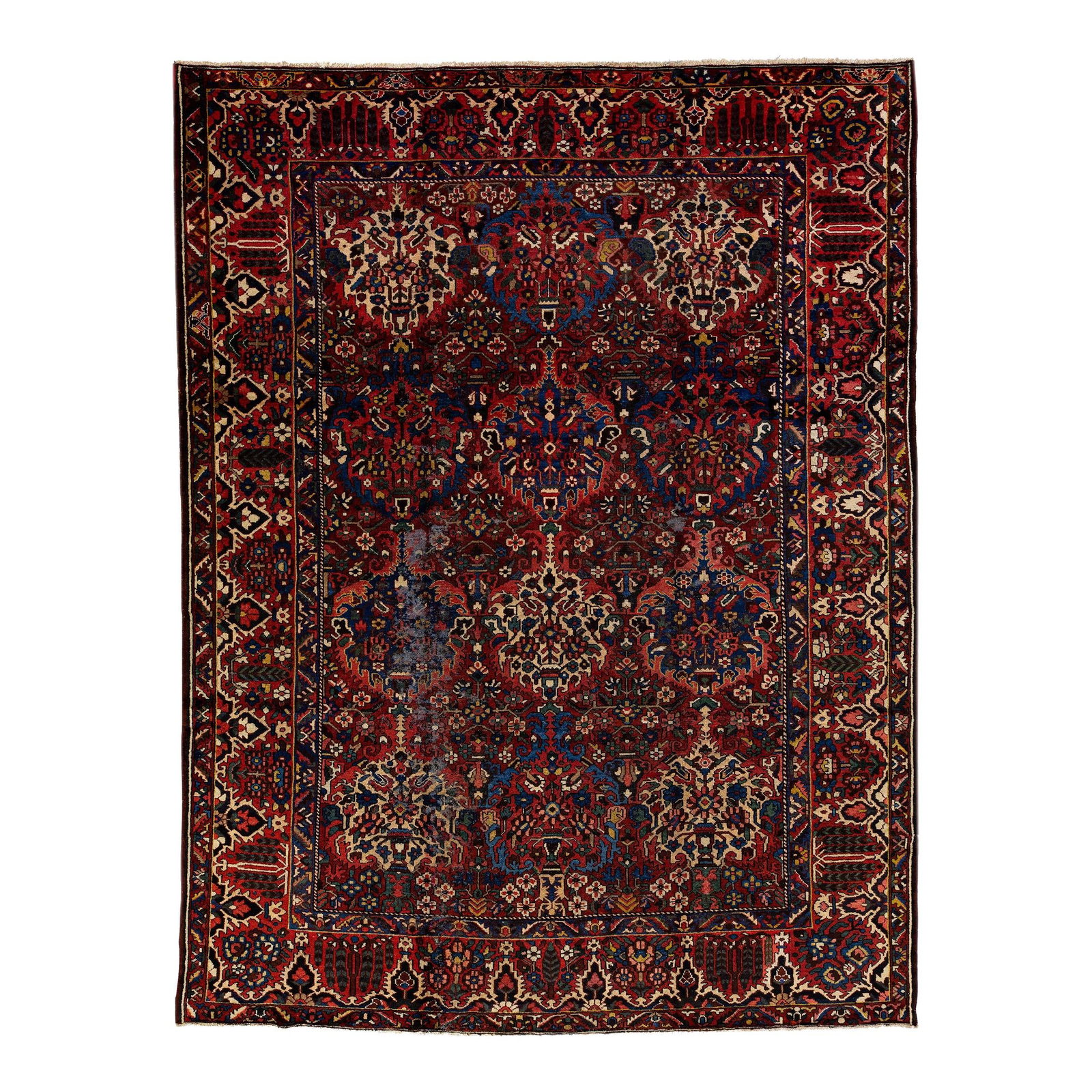 Antique Bakhtiari Persian Floral Wool Rug 10'5 x 13'7 Rust: Antique Bakhtiari Persian Floral Wool Rug 10'5 x 13'7 Rust Explore the charm of this exquisite antique Bakhtiari hand-knotted wool rug, featuring a captivating rust field adorned with a vibrant all-ov