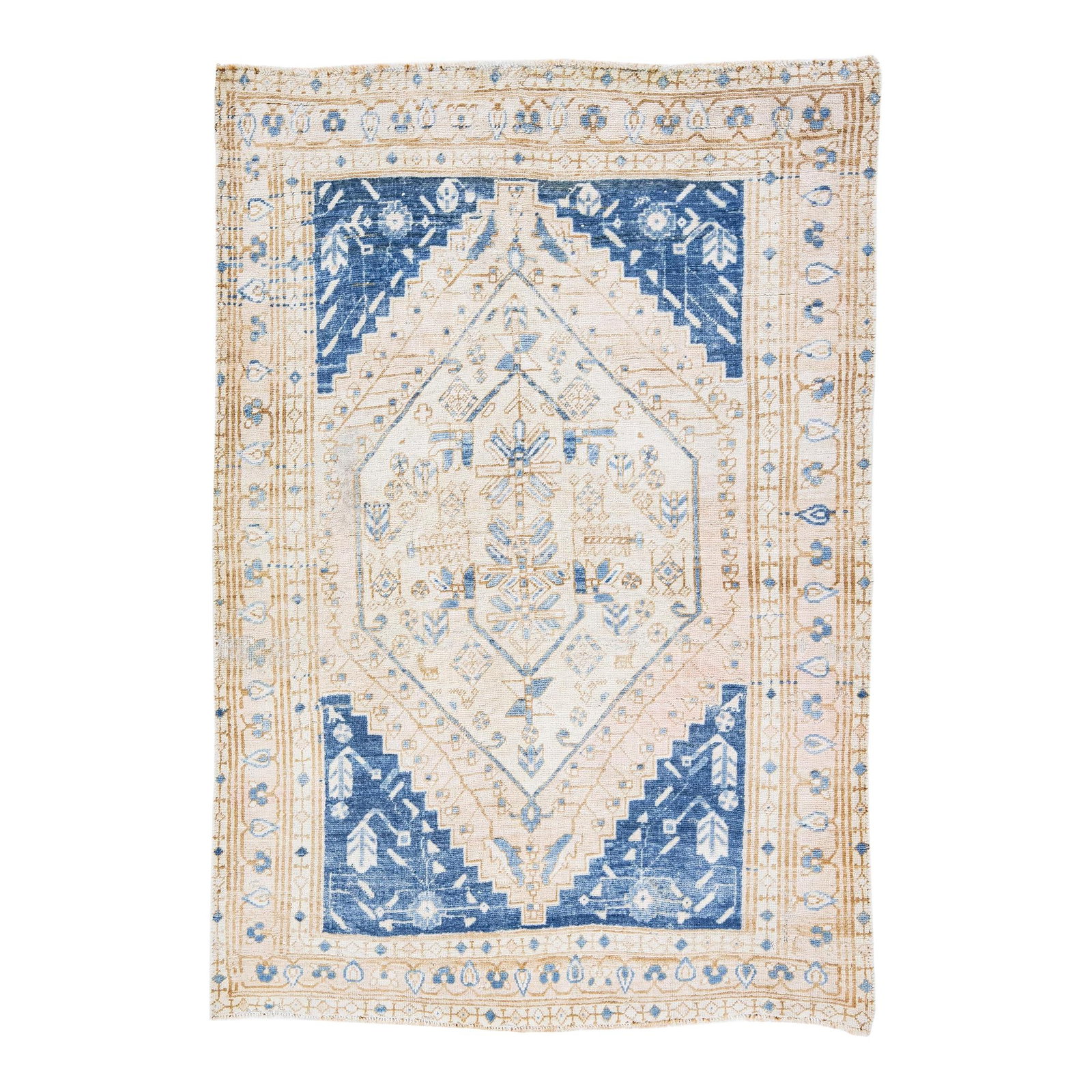 1960s Vintage Handmade Heriz Medallion Wool Rug Beige 4'3 x 6: 1960s Vintage Handmade Heriz Medallion Wool Rug Beige 4'3 x 6 Enhance your living space with this stunning vintage Heriz hand-knotted wool rug from the 1960s. Featuring a beautiful beige field, this P