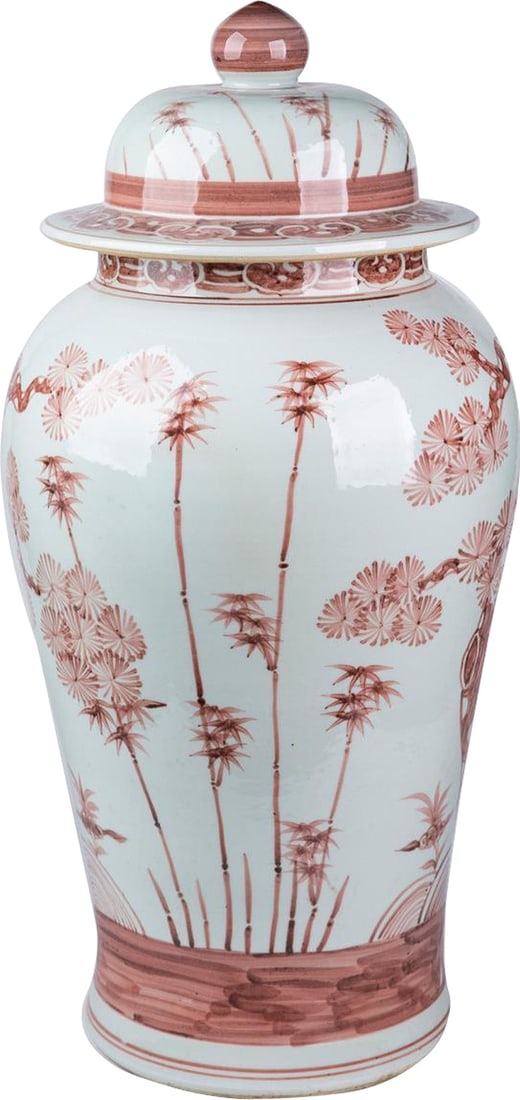 Hand-Crafted Moka Brown Ceramic Pine Tree Temple Jar: Hand-Crafted Moka Brown Ceramic Pine Tree Temple Jar This unique Moka Pine Tree Temple Jar combines the elegance of Asian antique style with hand-crafted artistry. Standing at 26 inches tall, with a w