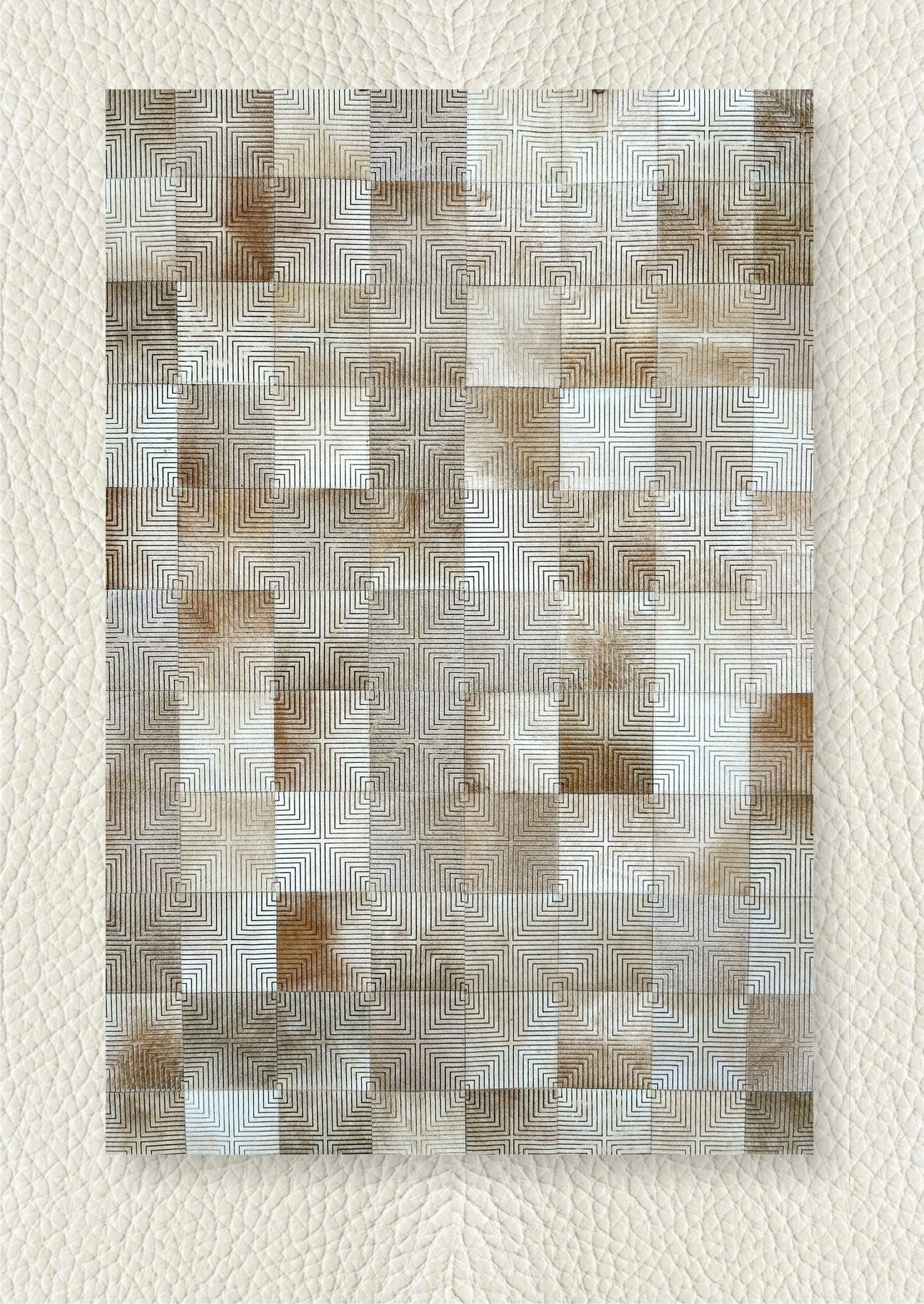 Concentric Square Mosaic Patchwork Cowhide Leather Rug 3FT x 5FT: Concentric Square Mosaic Patchwork Cowhide Leather Rug 3FT x 5FT Free continental US Shipping This rug features a contemporary concentric square mosaic patchwork design, expertly handcrafted from prem