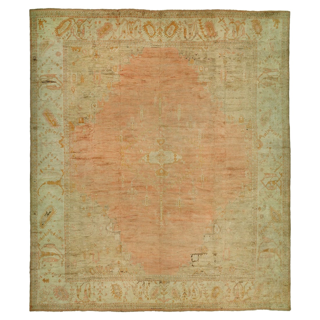 Large Antique Turkish Oushak Rug 208 x 238 in Peach Cream Wool: Large Antique Turkish Oushak Rug 208 x 238 in Peach Cream Wool Discover the exquisite craftsmanship of this large antique Turkish Oushak rug, measuring an impressive 16'8'' x 19'5'' (198 in x 233 in).