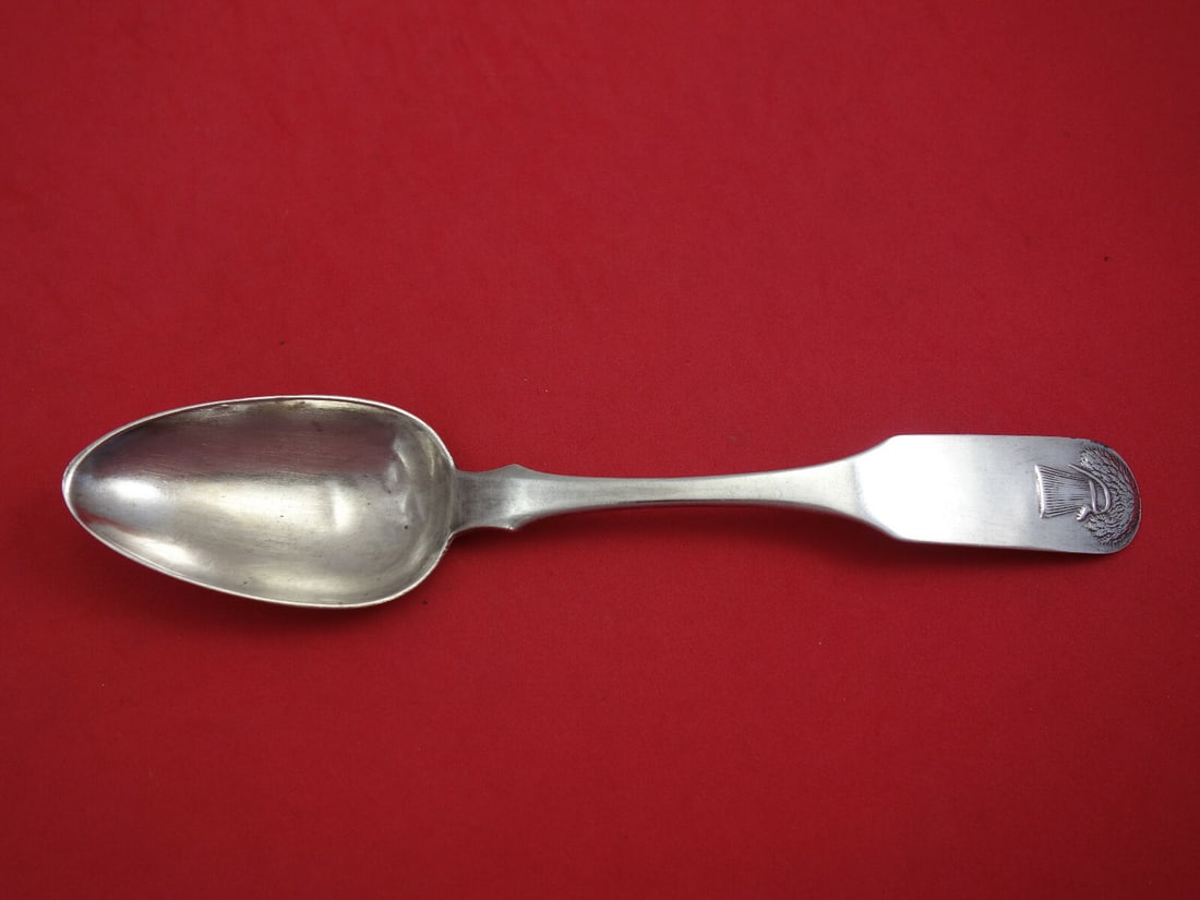 Coin Silver Serving Spoon 9" Sheaf of Wheat Design: Coin Silver Serving Spoon 9" Sheaf of Wheat Design This exquisite serving spoon is crafted from coin silver and features a beautifully detailed sheaf of wheat design. Measuring 9 inches in length, thi