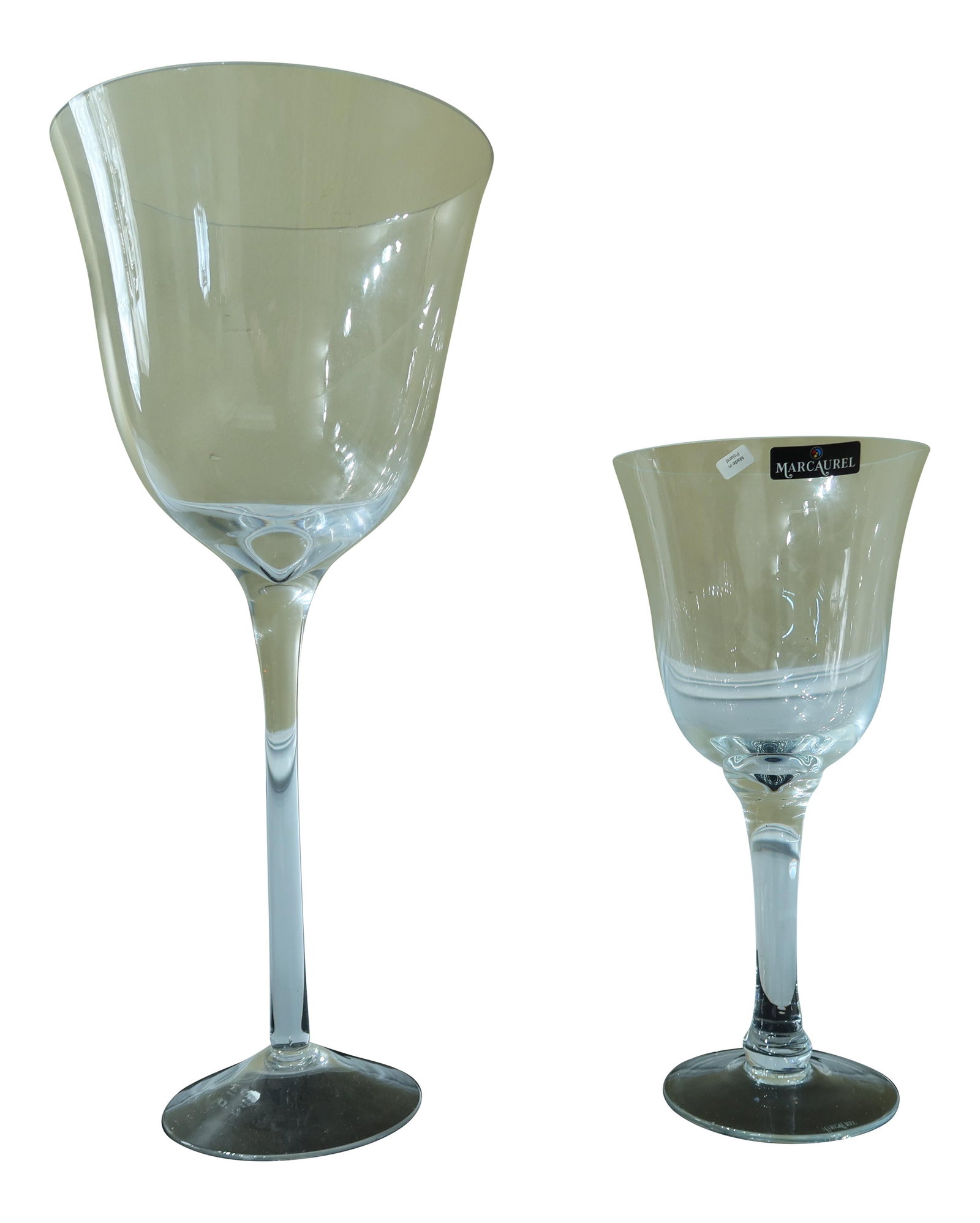 Pair of Large Made in Poland Glass Wine Vases: Pair of Large Made in Poland Glass Wine Vases This exquisite pair of wine glass vases, crafted in Poland, features a stunning transparent glass design that adds elegance to any decor. Each vase showca