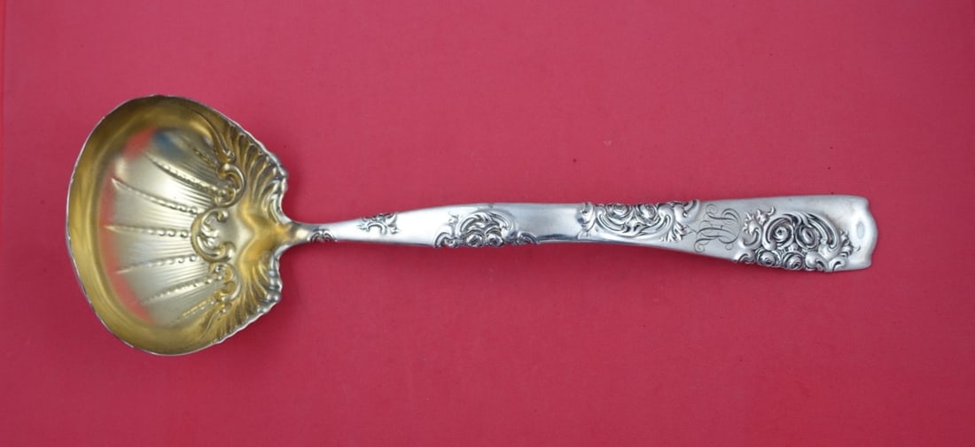 Whiting Rose and Scroll Sterling Silver Soup Ladle 14" Gold Washed: Whiting Rose and Scroll Sterling Silver Soup Ladle 14" Gold Washed This exquisite Rose and Scroll soup ladle by Whiting showcases a beautiful design that reflects the elegance of the late 19th century