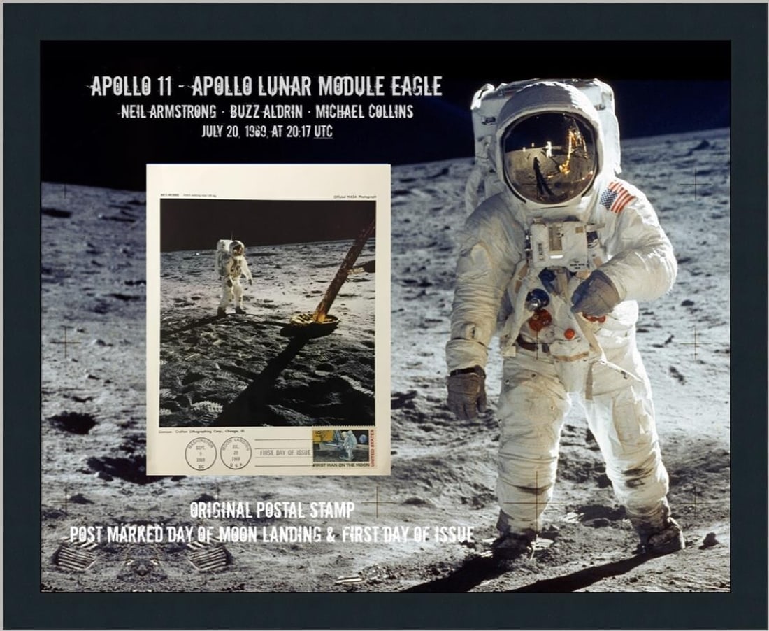 Framed NASA Apollo 11 Buzz Aldrin Photo with First Day of Issue Stamp: Framed NASA Apollo 11 Buzz Aldrin Photo with First Day of Issue Stamp This original NASA photograph captures Buzz Aldrin walking on the moon during the historic Apollo 11 mission on July 20, 1969. Thi