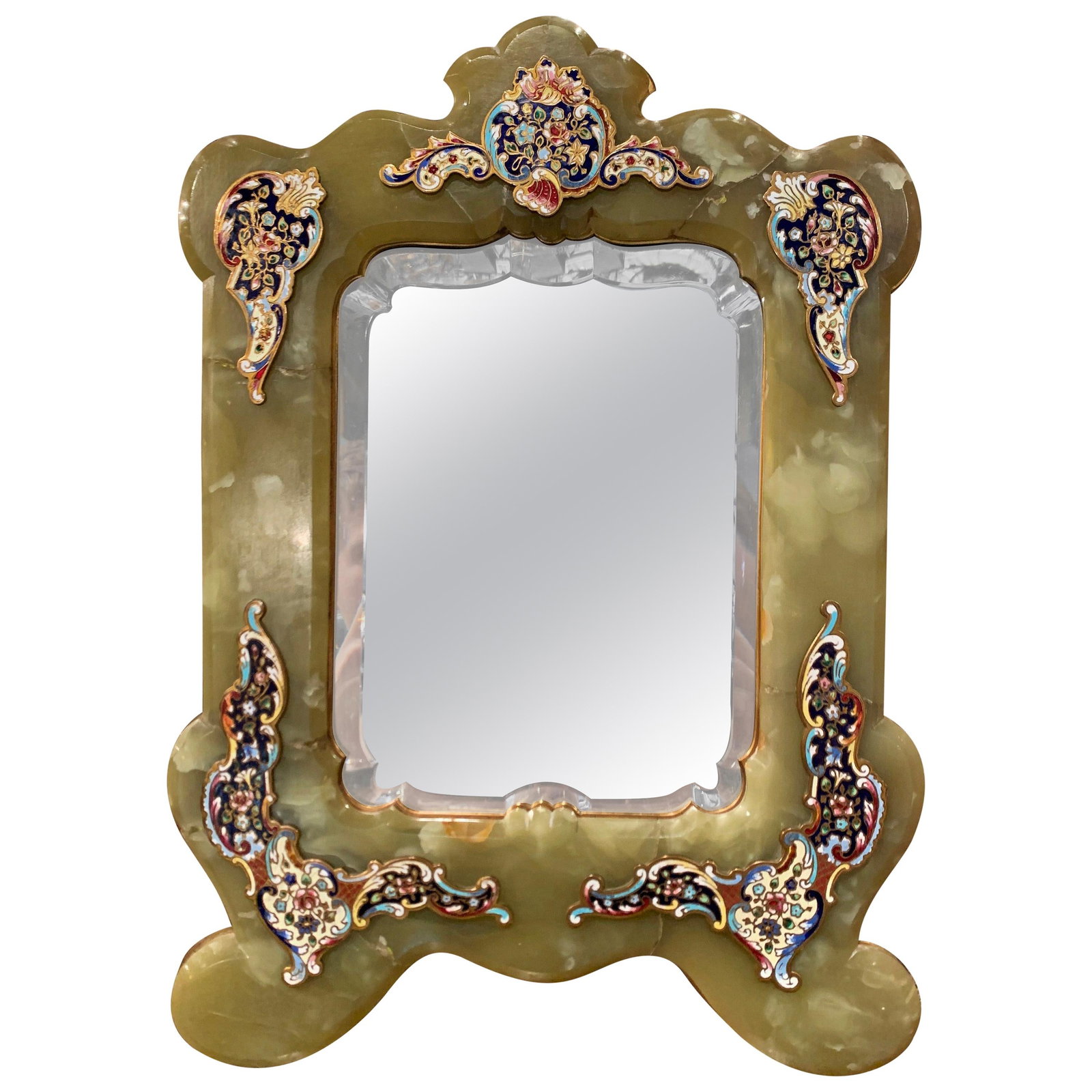 19th Century French Louis XV Champleve Vanity Mirror with Brass Stand: 19th Century French Louis XV Champleve Vanity Mirror with Brass Stand Enhance your master bath with this exquisite 19th Century French Louis XV vanity mirror. Crafted in France around 1870, this frees