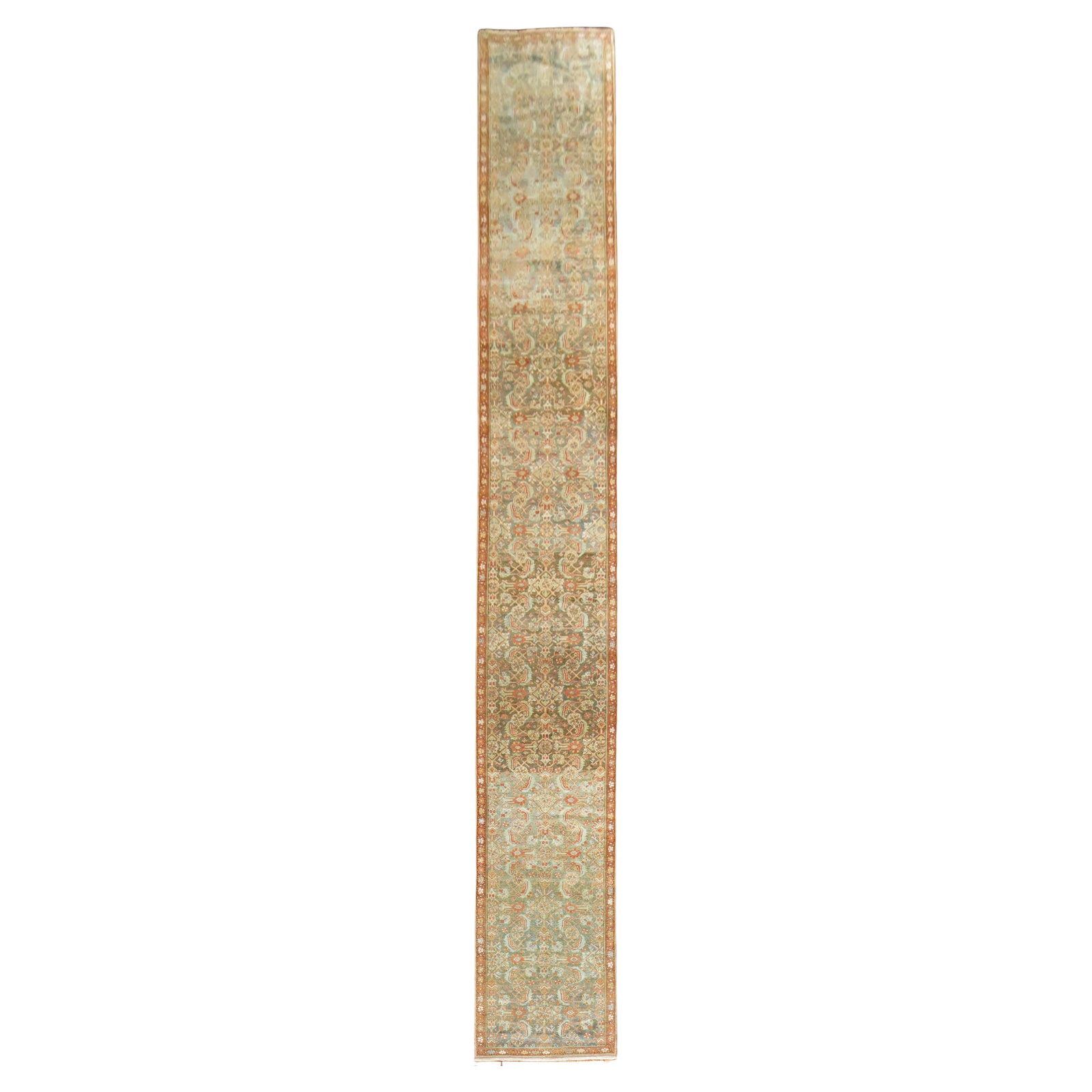 Early 20th Century Persian Malayer Runner Rug 2'10 x 21'8 Wool: Early 20th Century Persian Malayer Runner Rug 2'10 x 21'8 Wool This is a long and narrow antique Persian Malayer runner from the early 20th century, featuring an all-over Herati design on a green abra