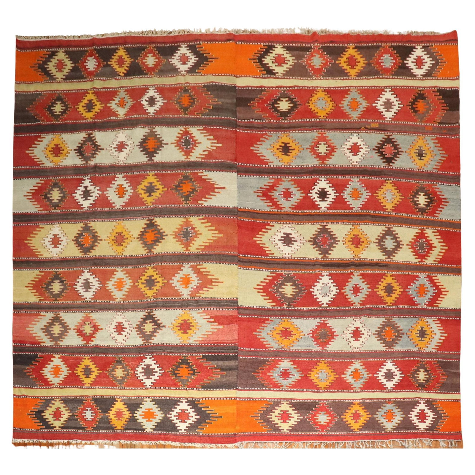 Zabihi Collection Vintage Turkish Wool Kilim 11'8 x 11'9 Hand-Knotted: Zabihi Collection Vintage Turkish Wool Kilim 11'8 x 11'9 Hand-Knotted Experience the charm of traditional craftsmanship with this vintage Turkish large square Kilim. Hand-knotted from high-quality woo