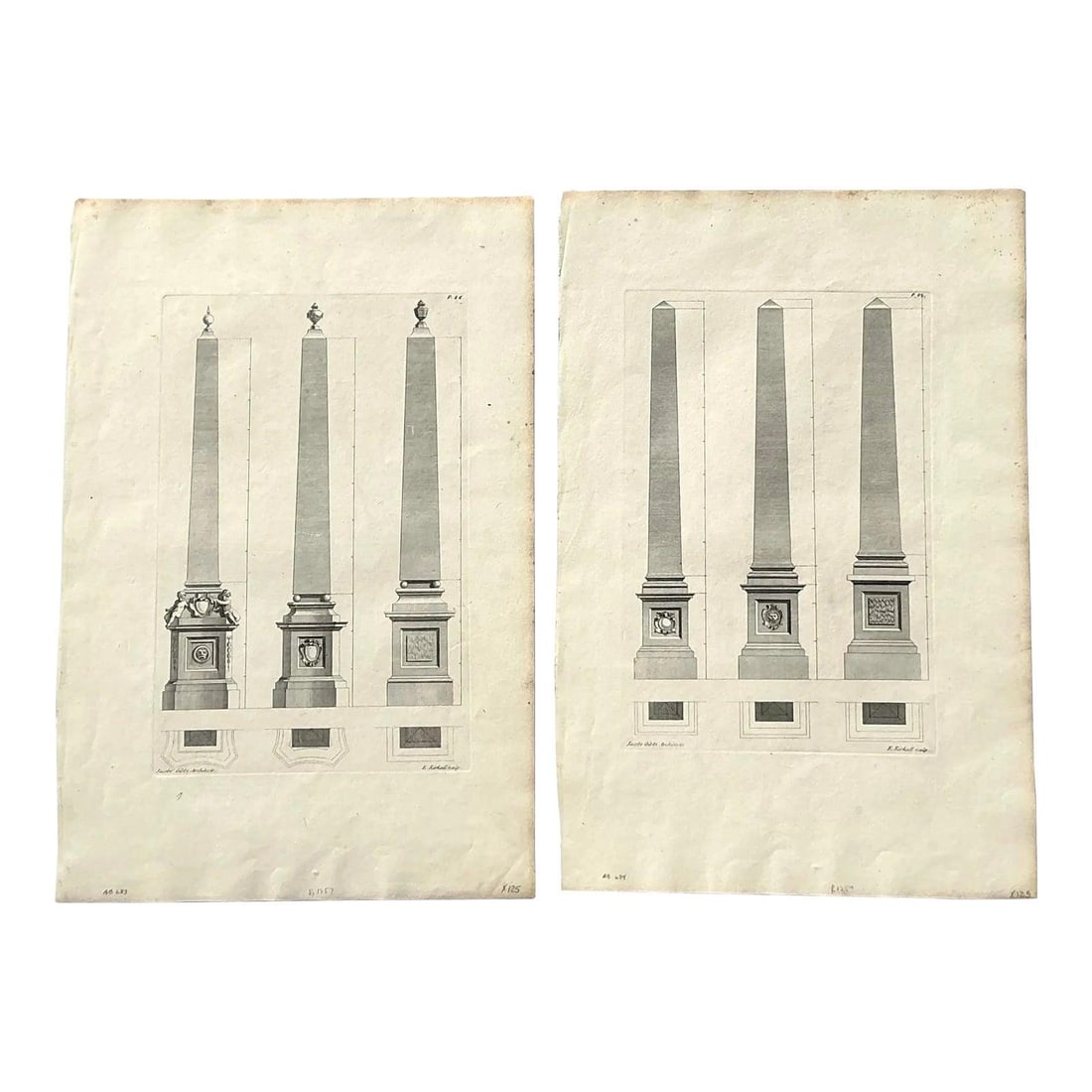 Pair of Vintage Neoclassical Obelisk Architectural Engravings on Paper Set of 2: Pair of Vintage Neoclassical Obelisk Architectural Engravings on Paper Set of 2 This set of two vintage engravings showcases Neoclassical obelisks, each plate depicting majestic obelisks on ornate, cl