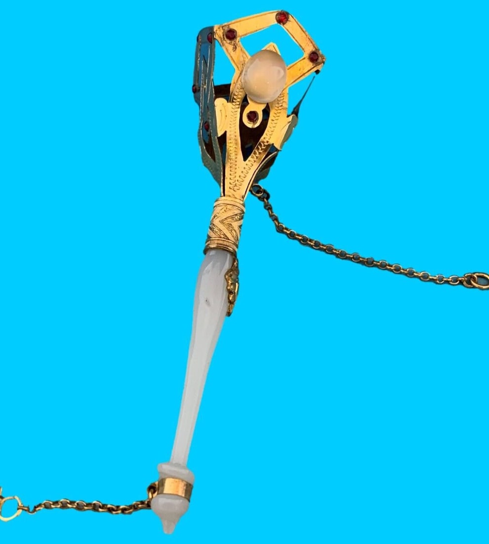 Victorian Gilt Bronze Tussie Mussie Holder with Moonstone and Opaline: Victorian Gilt Bronze Tussie Mussie Holder with Moonstone and Opaline This exquisite gilt bronze tussie mussie posey holder, adorned with two large moonstone cabochons, is a remarkable piece dating fr