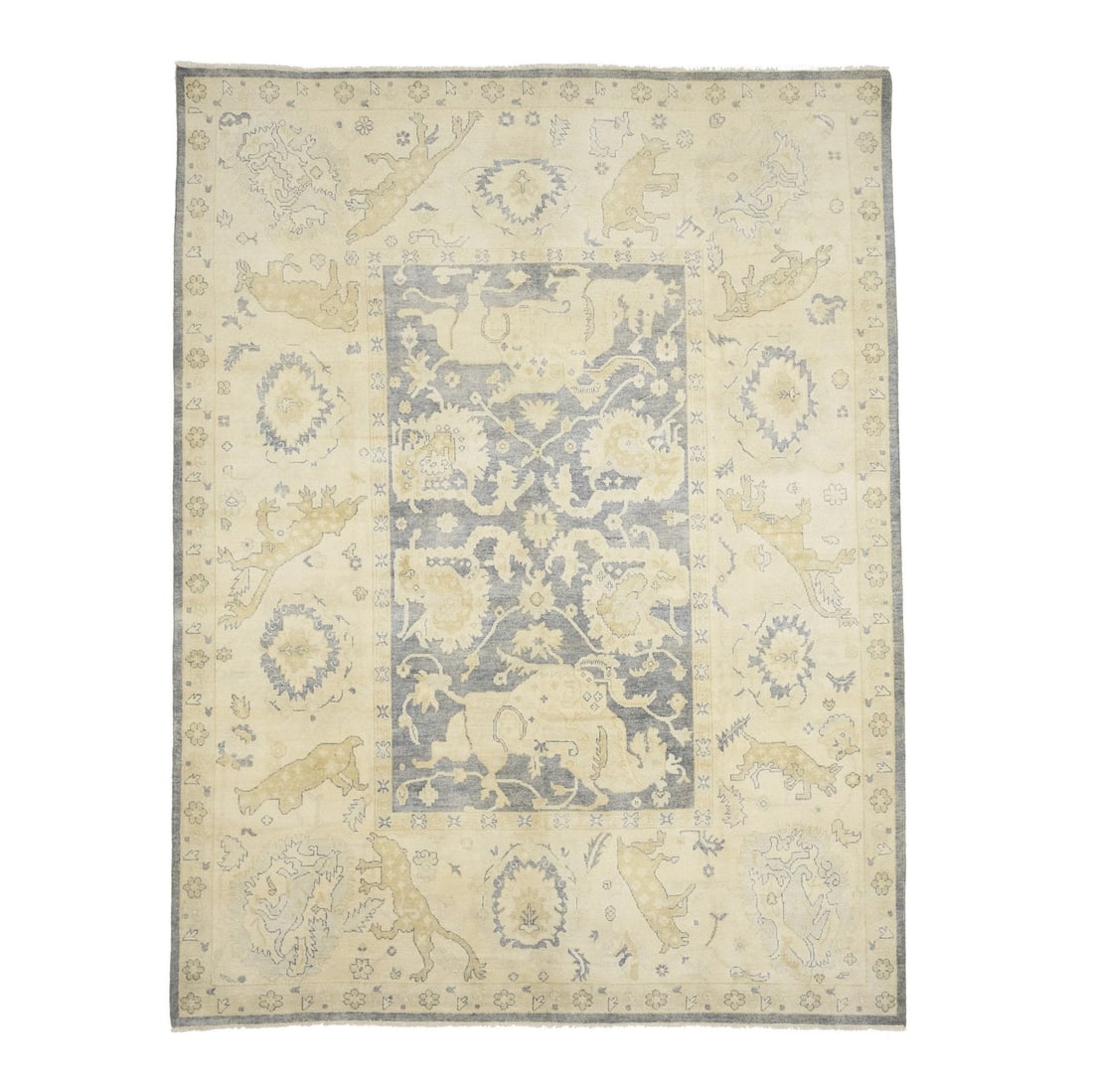 Hand-Knotted Wool Area Rug 9'0 x 12'0 Floral Oushak Design: Hand-Knotted Wool Area Rug 9'0 x 12'0 Floral Oushak Design This large handmade Oushak Oriental rug features a traditional floral pattern in muted tones of gray, beige, and cream. Hand-knotted from woo