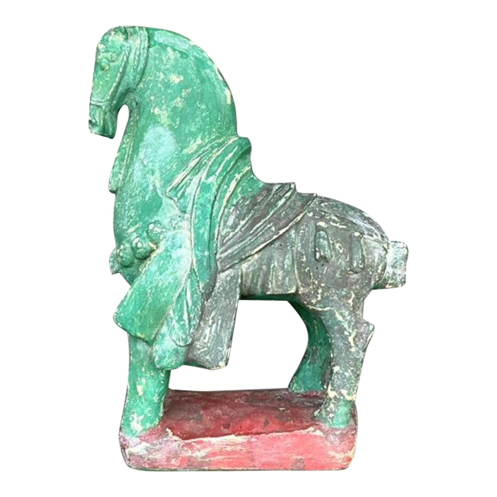 Vintage Boho Green Plaster Horse Sculpture 15in Rustic Decor: Vintage Boho Green Plaster Horse Sculpture 15in Rustic Decor Enhance your interior with this vintage boho plaster horse sculpture, designed to bring rustic elegance to your space. This piece features