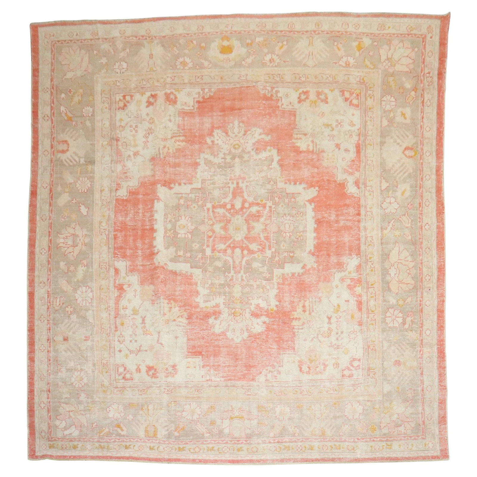 Antique Turkish Oushak Rug Hand-Woven Wool 11' x 13' 3" Square: Antique Turkish Oushak Rug Hand-Woven Wool 11' x 13' 3" Square This stunning antique square Oushak rug hails from Turkey, dating back to the early 20th century, circa 1900. Hand-woven from high-qualit