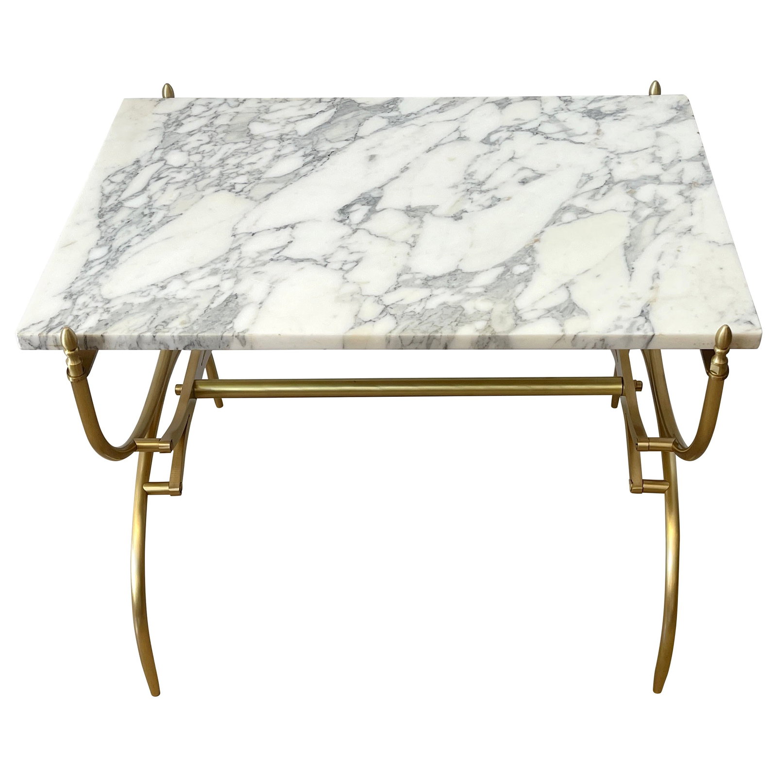Mid-Century Italian Coffee Table With Carrara Marble Top and Brass Base: Mid-Century Italian Coffee Table With Carrara Marble Top and Brass Base This Italian Mid-Century Modern coffee or side table features a variegated Carrara marble top set on a satin brass stylized Curu