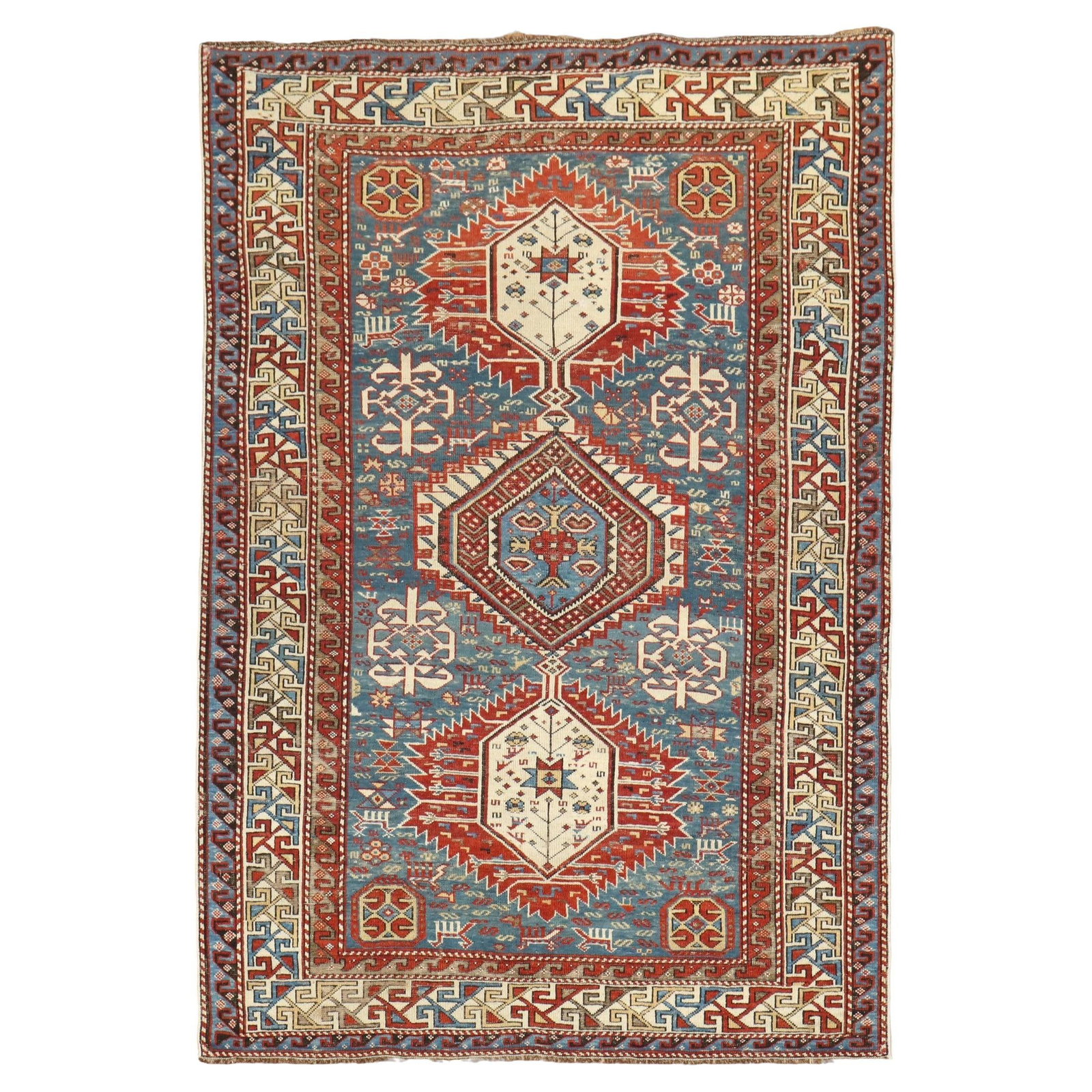 19th Century Kazak Tribal Shirvan Rug Sky Blue Wool Hand-Knotted (1 of 9)