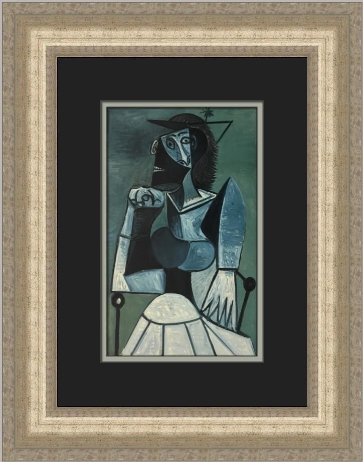 Pablo Picasso Francoise Seated Custom Framed Offset Lithograph Print: Pablo Picasso Francoise Seated Custom Framed Offset Lithograph Print This custom framed print features Pablo Picasso's iconic artwork titled 'Francoise Seated.' Created in 1992, this medium-sized piec