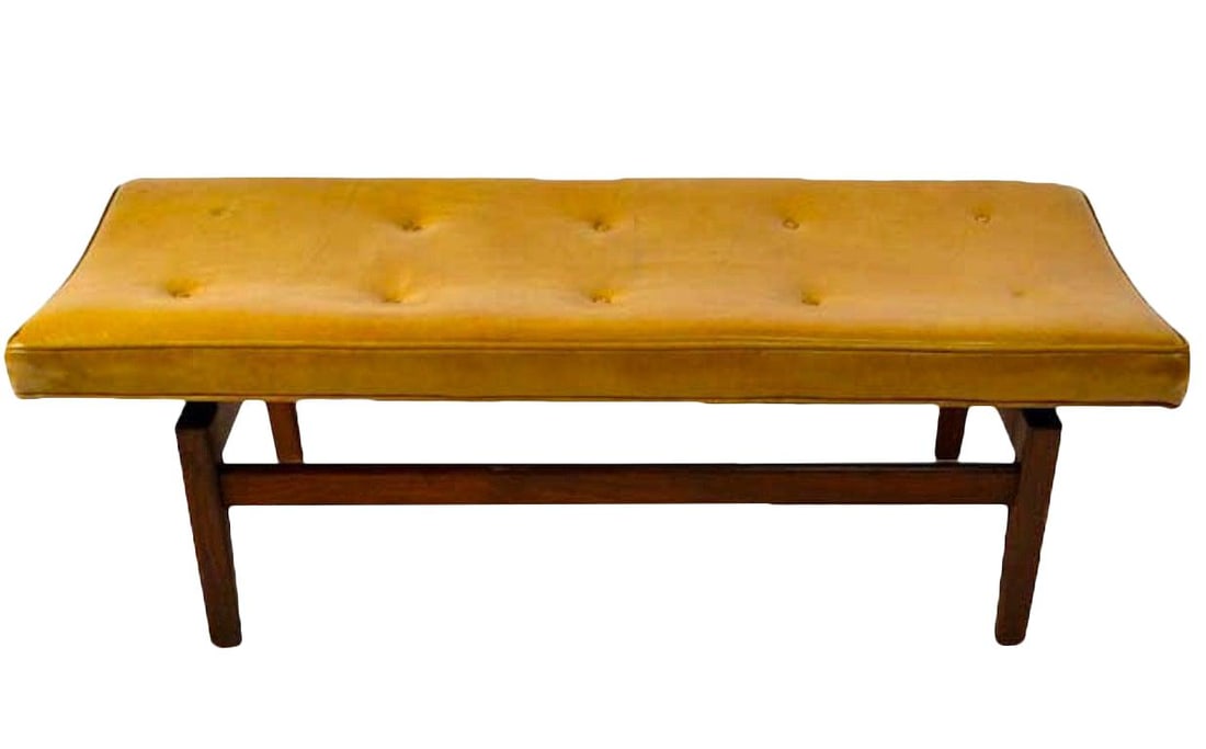 Jens Risom Mustard Leather Bench Mid-Century Modern 74": Jens Risom Mustard Leather Bench Mid-Century Modern 74" Discover a rare Jens Risom Bench, featuring a striking mustard leather top with minor wear and two missing tufting buttons. This Mid-Century Mod