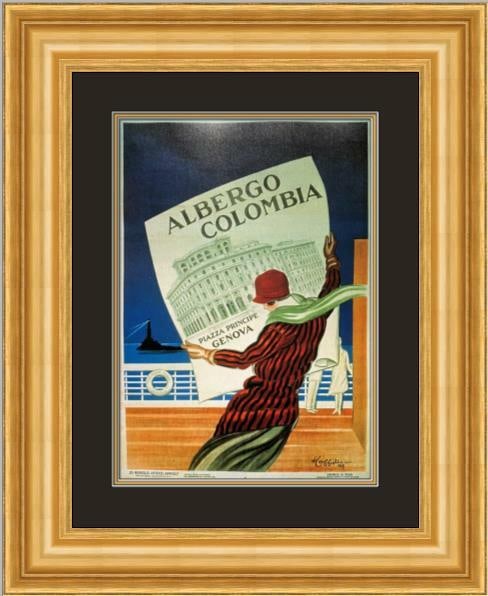Leonetto Cappiello Albergo Colombia Art Deco Advertising Print Custom Framed: Leonetto Cappiello Albergo Colombia Art Deco Advertising Print Custom Framed This stunning advertising print features the iconic "Albergo Colombia" by artist Leonetto Cappiello, beautifully custom fra