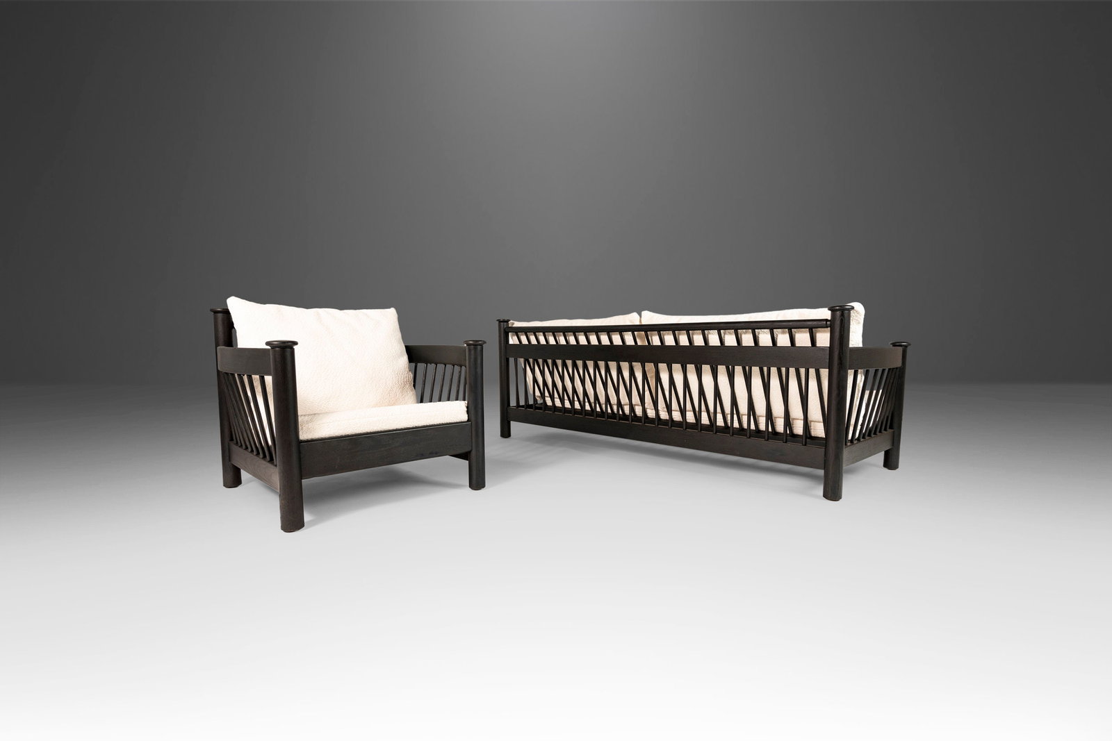 1970s Ebonized Oak Sofa and Lounge Chair Set White Boucle Upholstery: 1970s Ebonized Oak Sofa and Lounge Chair Set White Boucle Upholstery This bespoke ebonized barrel back four seat sofa and lounge chair set is a stunning combination of comfort and style, featuring new