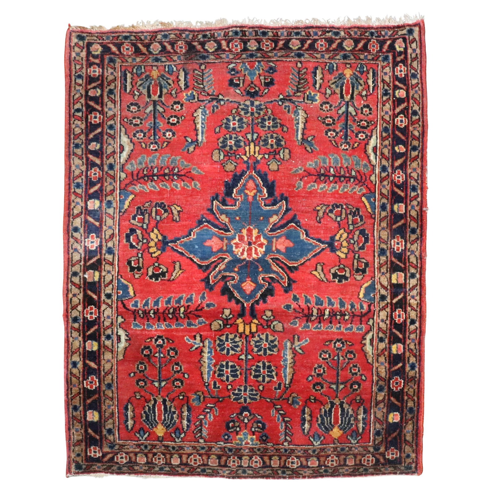 Jewel Toned Antique Persian Sarouk 1930 Hand-Woven Rug 26 x 31: Jewel Toned Antique Persian Sarouk 1930 Hand-Woven Rug 26 x 31 Discover the elegance of this antique Persian Sarouk small square rug, attributed to the King. This exquisite piece features a rich jewel