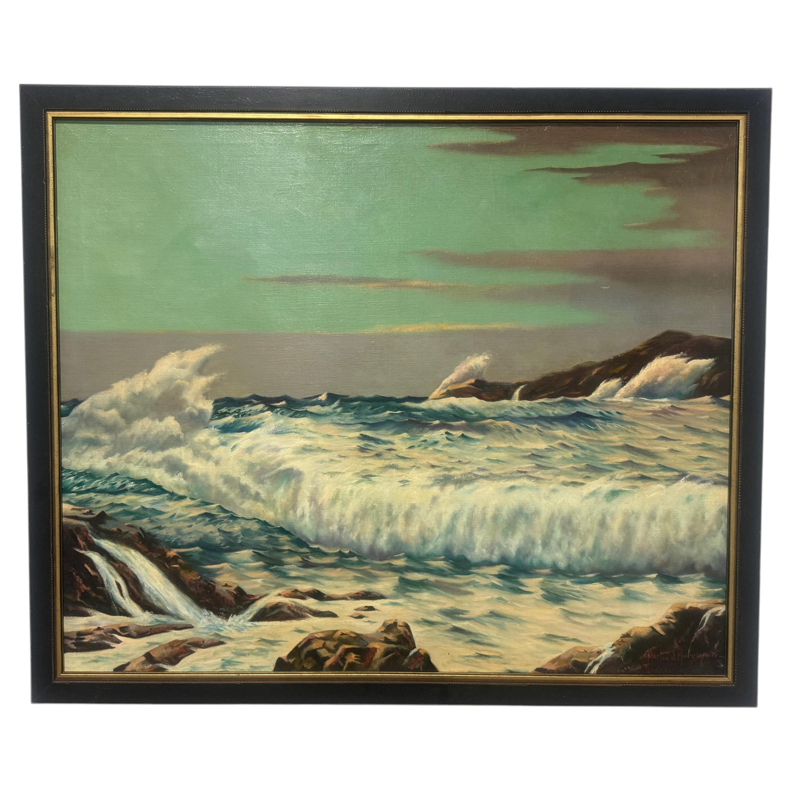 Oil Seascape by Martin J. Murray New England Coast 1976 Framed Canvas: Oil Seascape by Martin J. Murray New England Coast 1976 Framed Canvas Oil on canvas seascape by Martin J. Murray (American, Rhode Island, 1908-1997), titled "New England Coast" and dated 1976. The pai