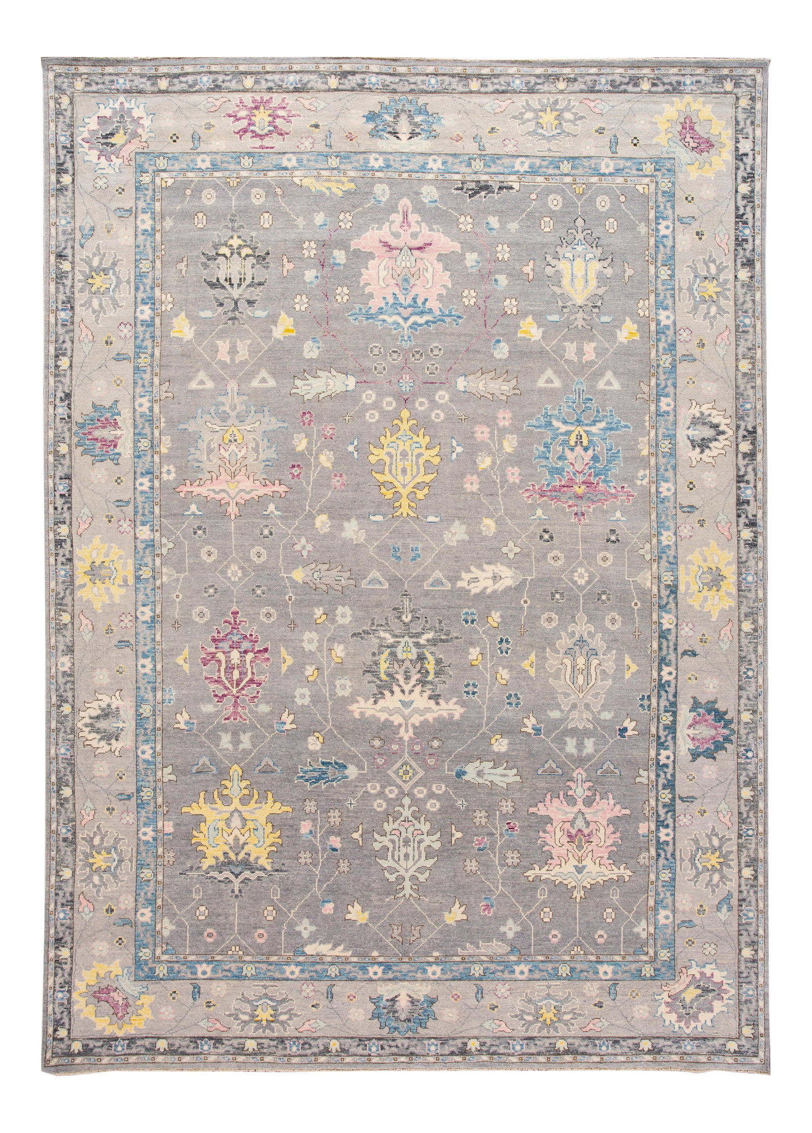 Contemporary Oushak Style Hand-Knotted Wool Rug 10'2 x 14'2 Gray: Contemporary Oushak Style Hand-Knotted Wool Rug 10'2 x 14'2 Gray Elevate your space with this stunning contemporary Oushak rug. Hand-knotted from premium wool, it features a soft gray field adorned wi