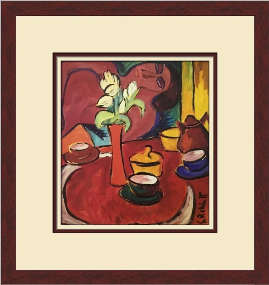 Karl Schmidt Rotluff Still Life Yellow Tulips Custom Framed Art Print: Karl Schmidt Rotluff Still Life Yellow Tulips Custom Framed Art Print This stunning print titled "Still Life with Yellow Tulips" by artist Karl Schmidt Rotluff showcases a beautiful expressionist styl