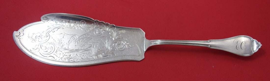 Vanderslice Gothic Eureka Sterling Silver Fish Server 12 inch with Swan: Vanderslice Gothic Eureka Sterling Silver Fish Server 12 inch with Swan This exquisite serving piece features the Gothic aka Eureka pattern by Vanderslice, crafted in fine sterling silver. The fish se