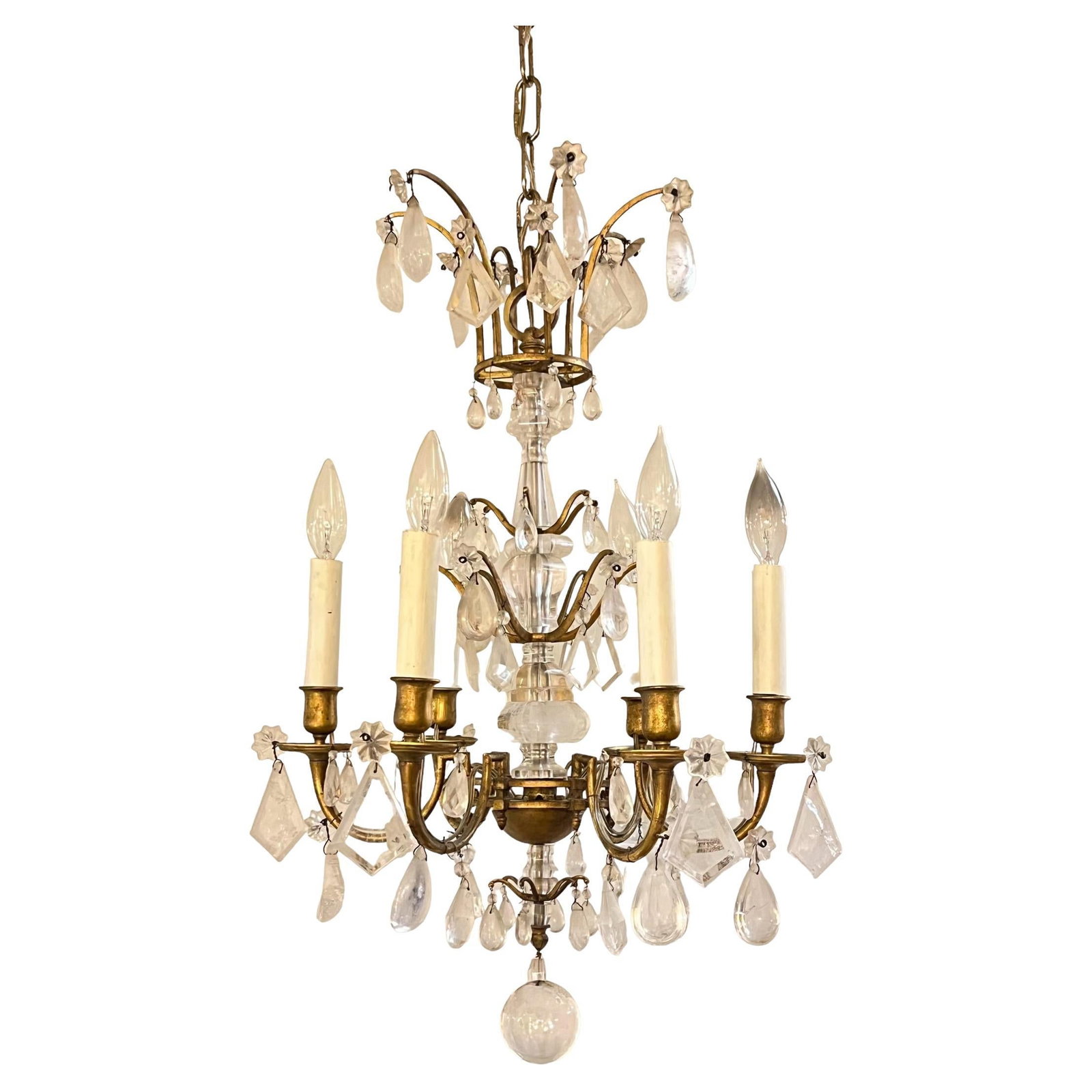 19th Century French Bronze and Rock Crystal Six-Light Belle Epoque Chandelier: 19th Century French Bronze and Rock Crystal Six-Light Belle Epoque Chandelier This petite 19th-century French chandelier features a bronze frame with a rock crystal stem and numerous rock crystal pend