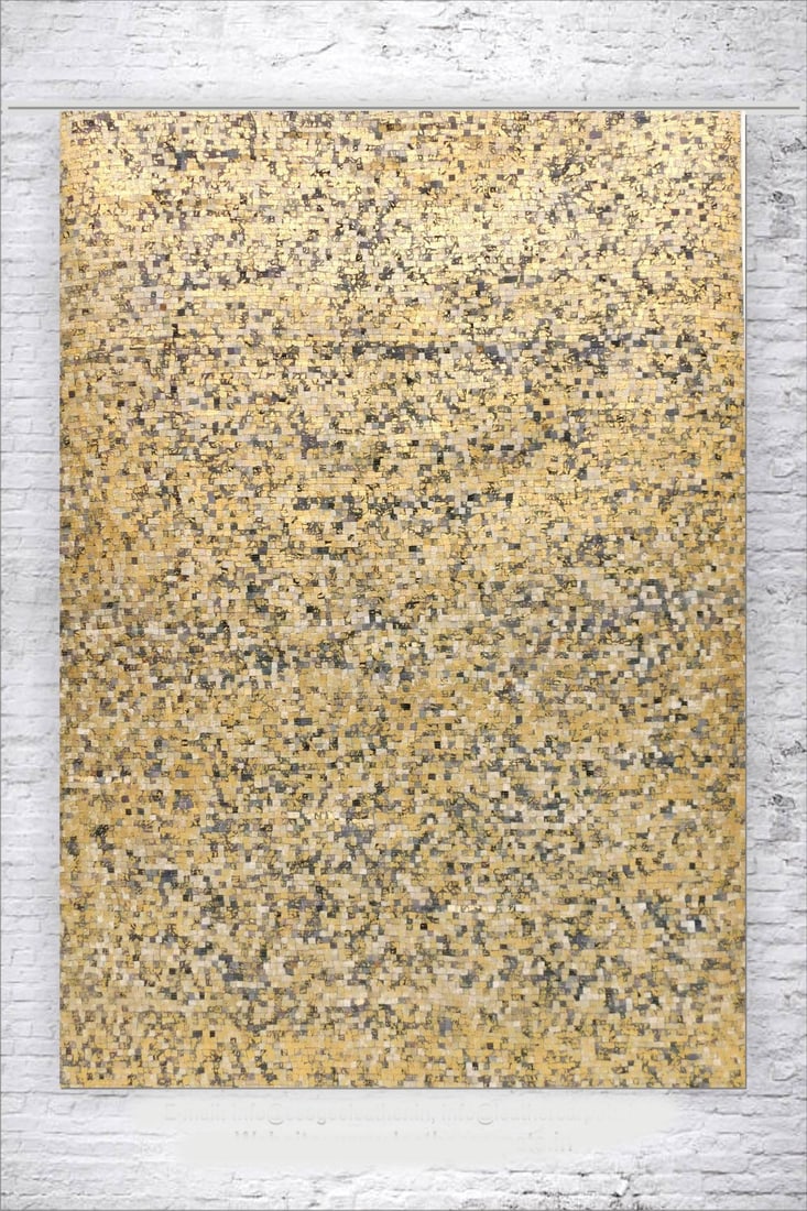 Handcrafted Golden Mosaic 100 Percent Genuine Cowhide Leather Area Carpet: Handcrafted Golden Mosaic 100 Percent Genuine Cowhide Leather Area Carpet Free continental US Shipping Elevate your space with this handcrafted area carpet, meticulously crafted from 100% genuine hair
