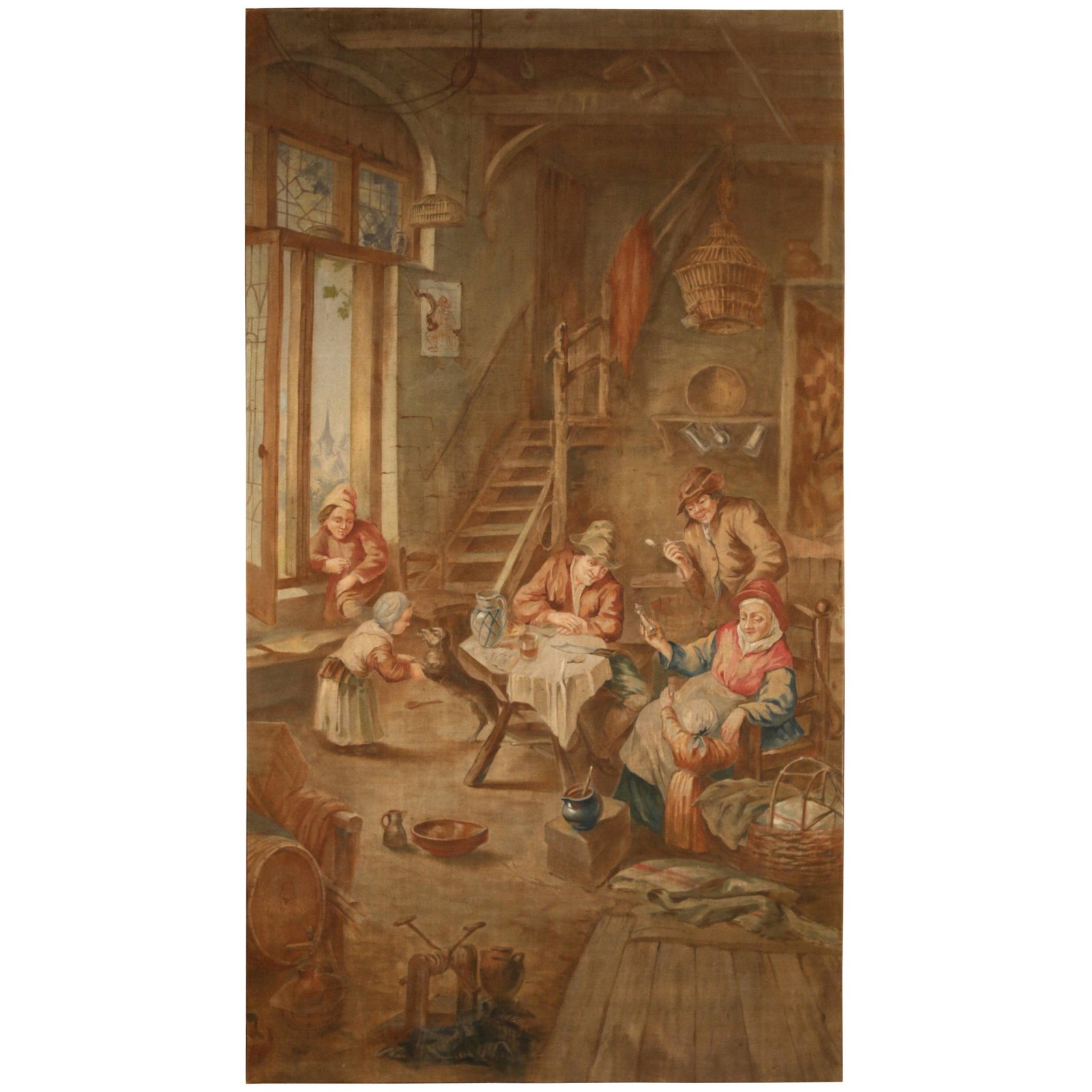 Large French Painted Canvas Panel After David Teniers the Younger circa 1870: Large French Painted Canvas Panel After David Teniers the Younger circa 1870 This monumental French hand-painted canvas from the late 19th century is executed in the style of David Teniers the Younger
