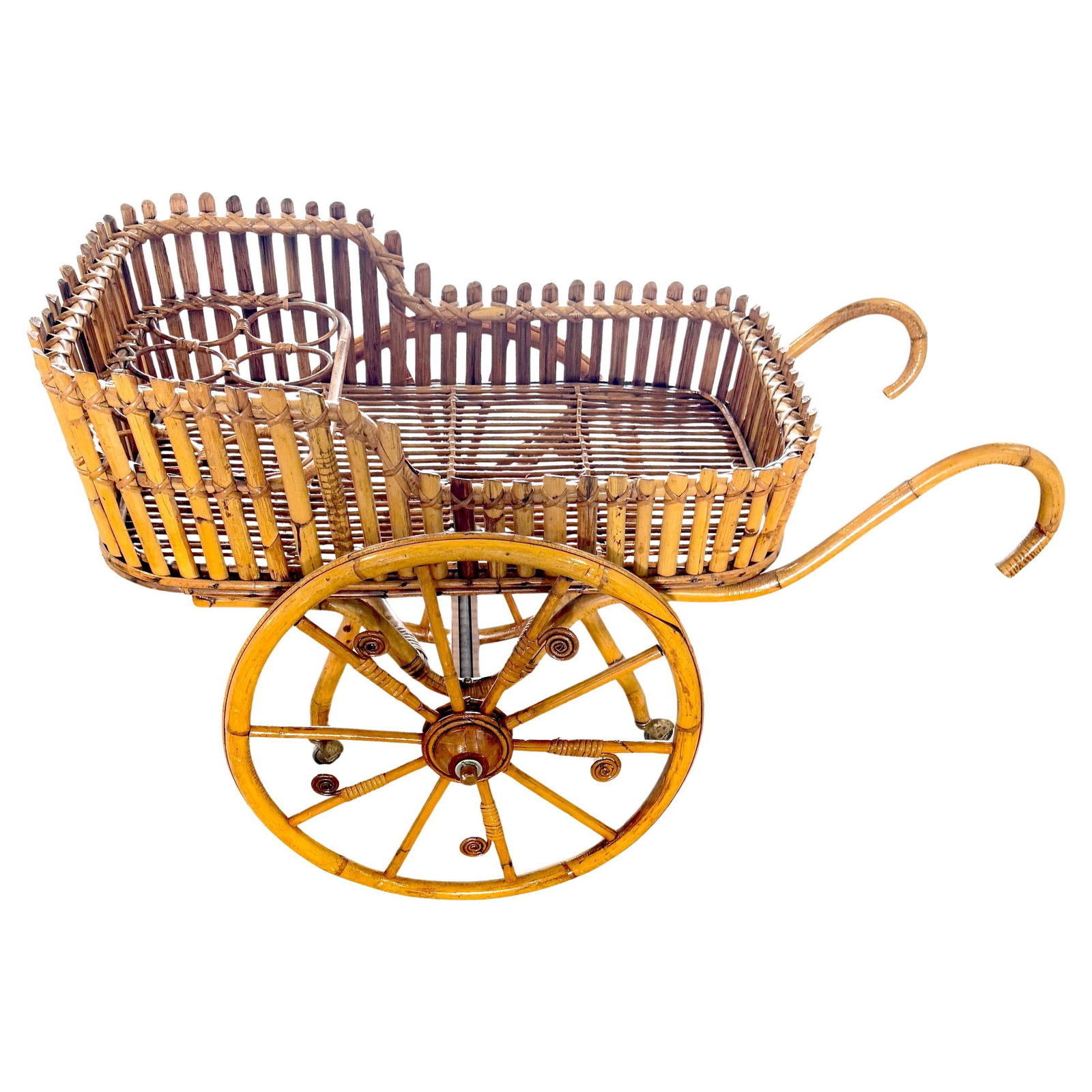 Mid-Century French Rattan Bar Cart with Bottle Holders: Mid-Century French Rattan Bar Cart with Bottle Holders Discover the charm of this French Modernist Rattan Bar or Flower Cart, a versatile piece perfect for both entertaining and display. Crafted in th