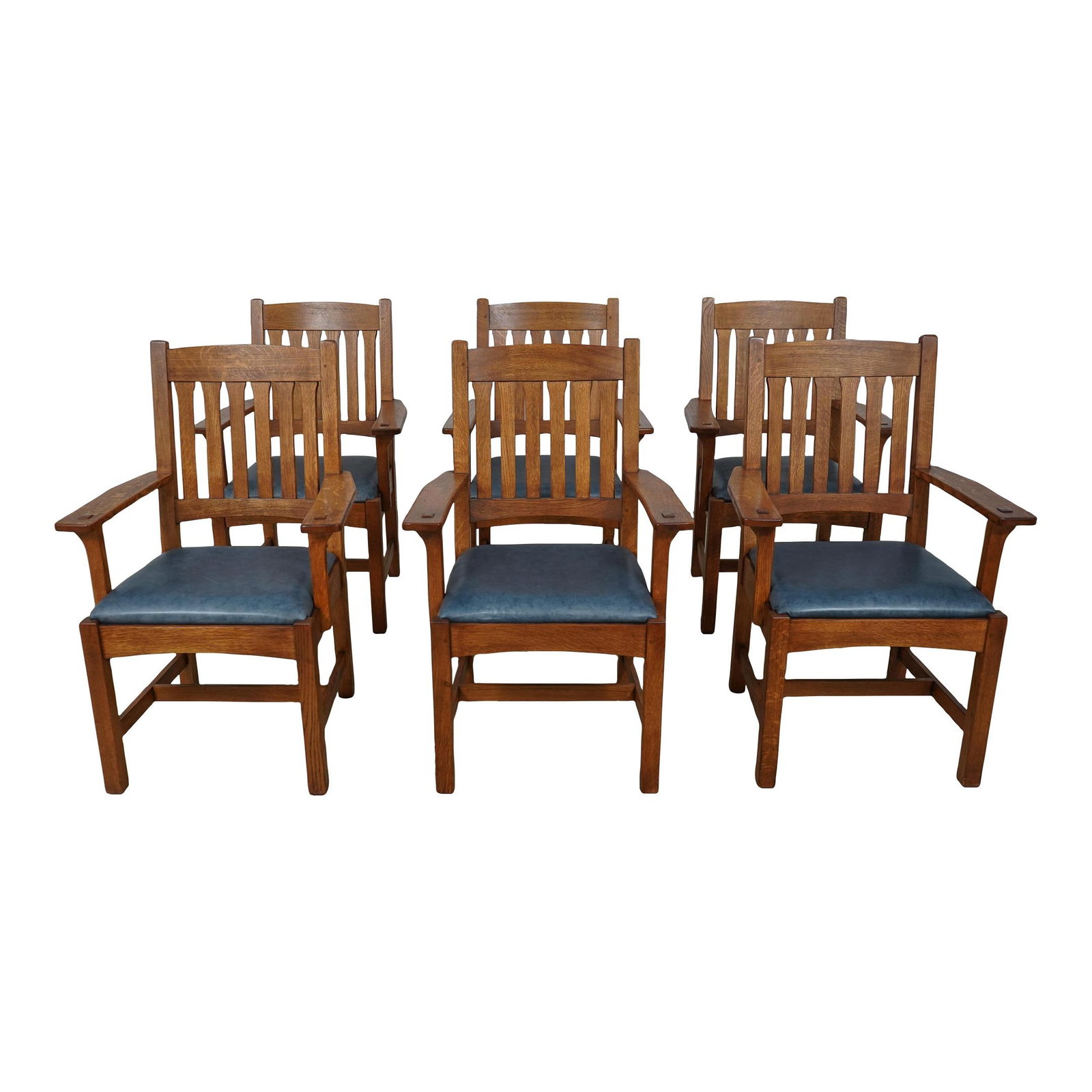 Set of 6 Stickley Mission Oak Armchairs with Blue Leather Seats: Set of 6 Stickley Mission Oak Armchairs with Blue Leather Seats This set of 6 Stickley Mission Oak dining room armchairs showcases the timeless Arts & Crafts style, featuring high-quality oak construc