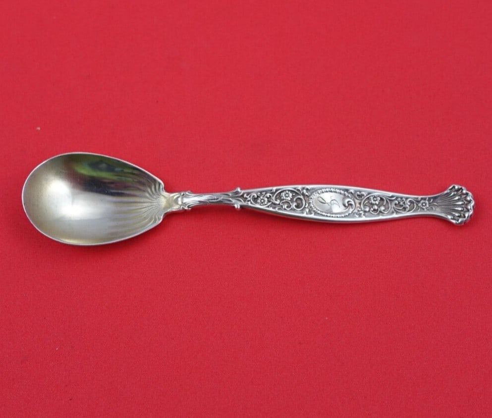 Whiting Hyperion Sterling Silver Egg Spoon 4.5 Inch Monogrammed: Whiting Hyperion Sterling Silver Egg Spoon 4.5 Inch Monogrammed This exquisite egg spoon is crafted from sterling silver and features the elegant Hyperion pattern by Whiting. Measuring 4 1/2 inches, t
