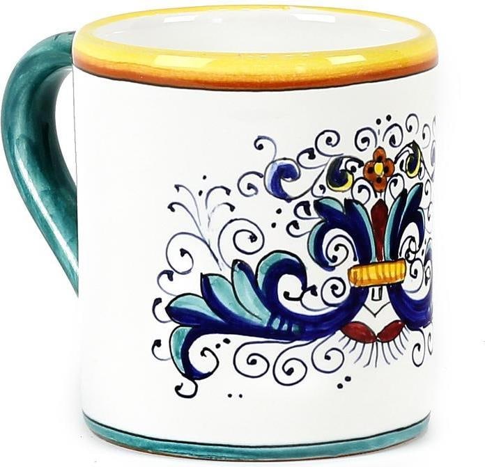 Vibrant Hand-Painted Ceramic Mug Ricco Deruta Lite Collection: Vibrant Hand-Painted Ceramic Mug Ricco Deruta Lite Collection This exquisite hand-painted mug from the Ricco Deruta Lite collection showcases a stunning blend of emerald green, royal blue, yellow, and