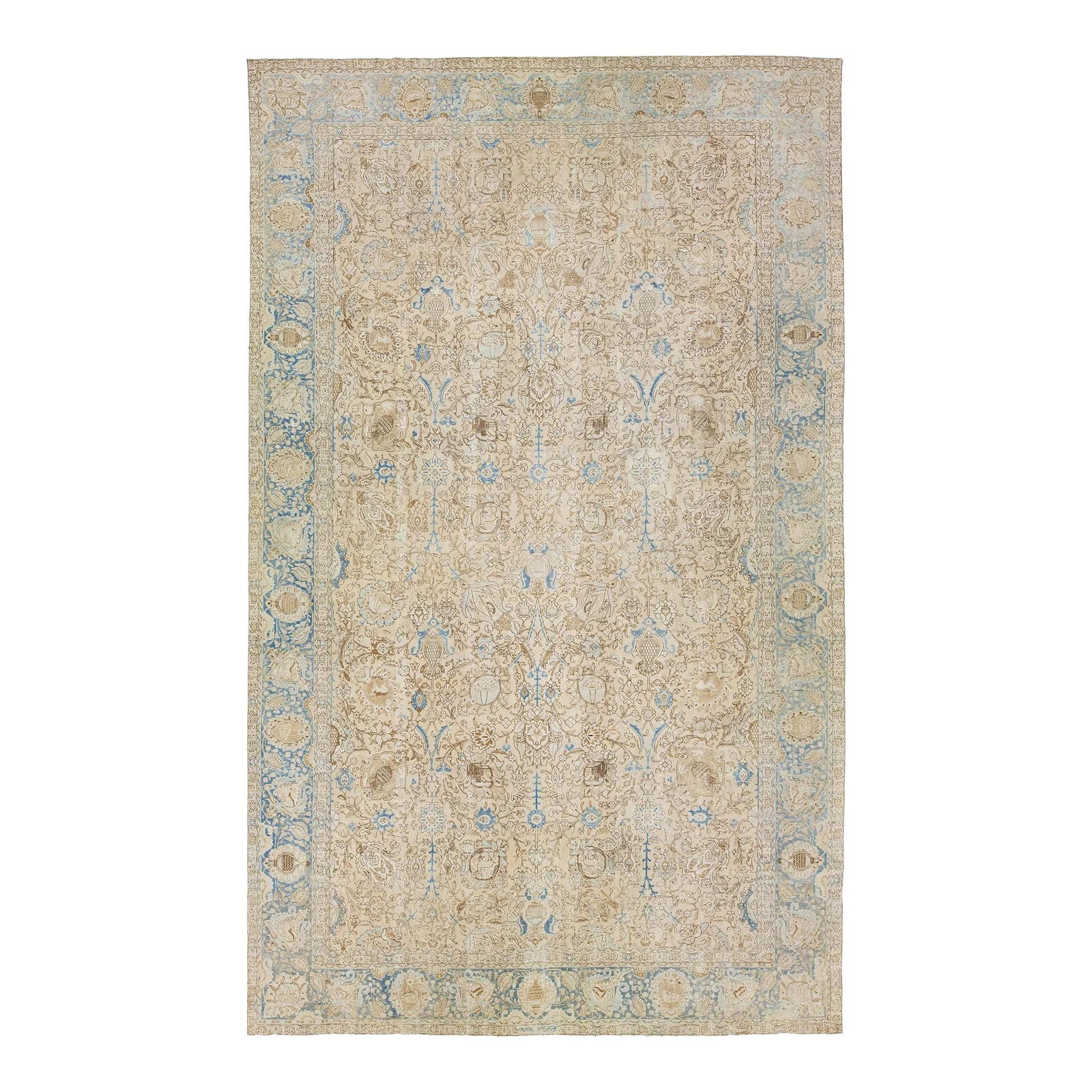 Antique Persian Tabriz Wool Rug 1910s Floral Design Beige 11'1" x 18'2": Antique Persian Tabriz Wool Rug 1910s Floral Design Beige 11'1" x 18'2" This exquisite handcrafted Persian Tabriz wool rug features a traditional floral pattern that beautifully contrasts against the