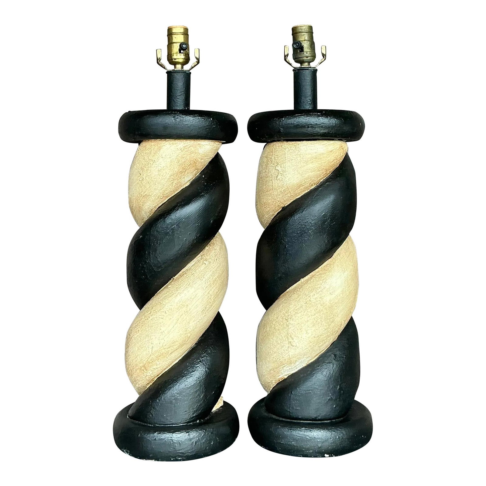Pair of Vintage Boho Twisted Wood Lamps Black Accent: Pair of Vintage Boho Twisted Wood Lamps Black Accent This striking pair of vintage boho twisted wood lamps showcases exceptional artistic craftsmanship and timeless appeal. The beautifully sculpted wo