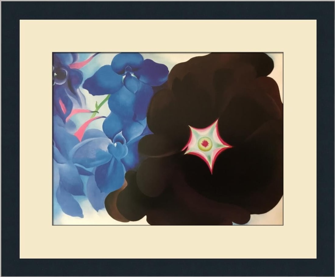 Georgia O'Keeffe Black Hollyhock Blue Larkspur Custom Framed Print 1988: Georgia O'Keeffe Black Hollyhock Blue Larkspur Custom Framed Print 1988 Experience the elegance of Georgia O'Keeffe's artistry with this stunning custom framed print titled "Black Hollyhock with Blue