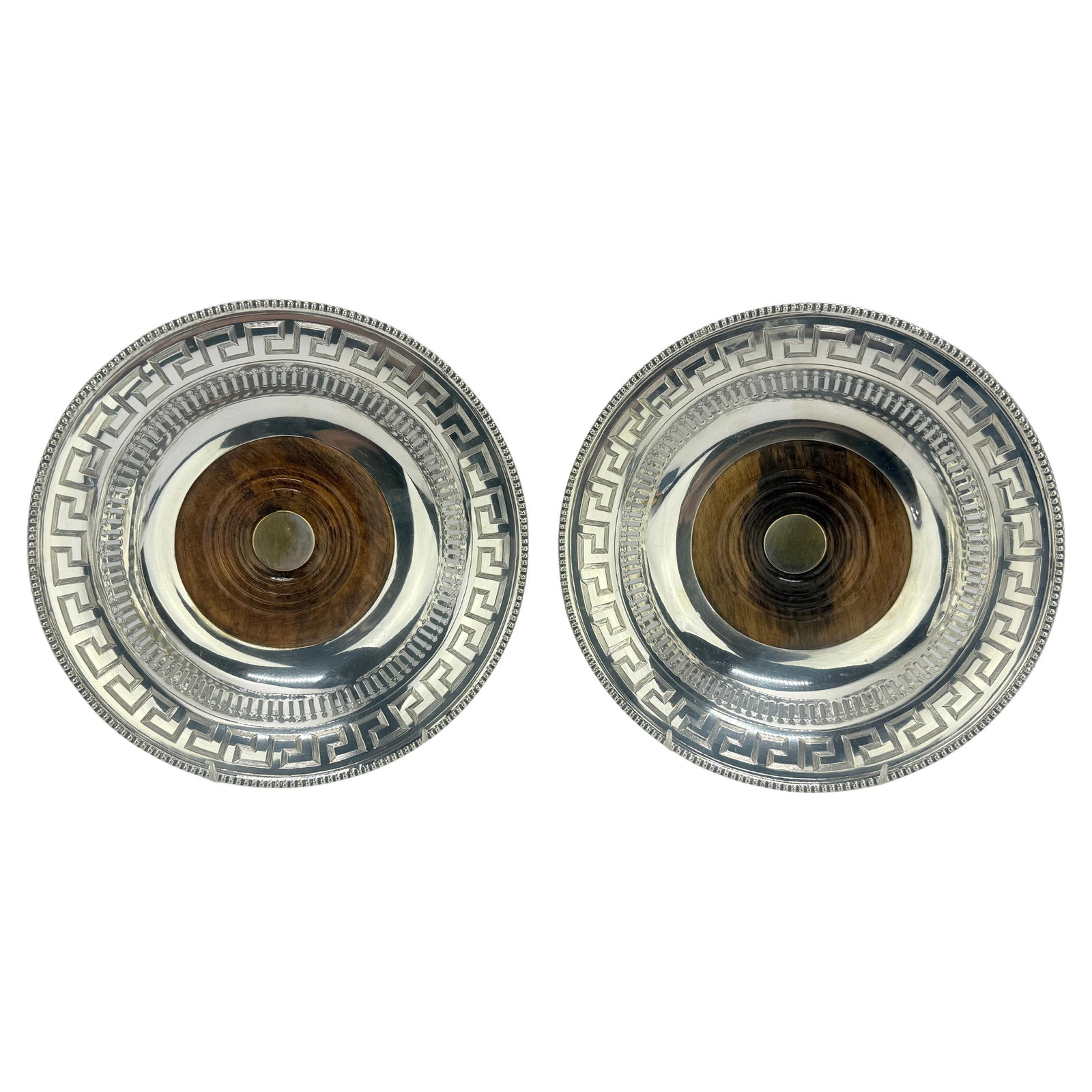 Set of 2 Regency Greek-Key Coasters by Matthew Boulton 19th Century Sheffield Plate: Set of 2 Regency Greek-Key Coasters by Matthew Boulton 19th Century Sheffield Plate This exquisite set of two Regency-style coasters is attributed to the renowned craftsman Matthew Boulton, known for