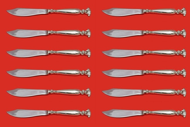 Wallace Romance of the Sea 12 Piece Sterling Silver Fish Knife Set: Wallace Romance of the Sea 12 Piece Sterling Silver Fish Knife Set Enhance your dining experience with this exquisite 12-piece fish knife set from the Romance of the Sea pattern by Wallace. Crafted fr