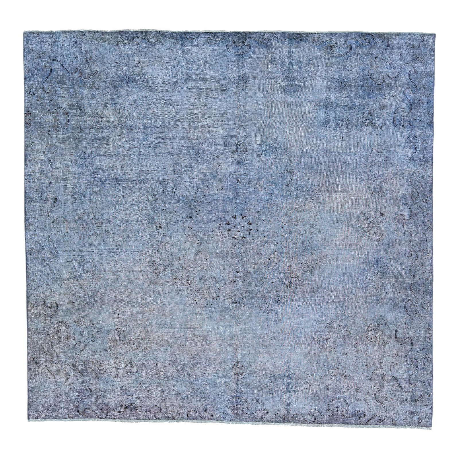 Vintage Persian Overdyed Square Wool Rug Blue Medallion Design: Vintage Persian Overdyed Square Wool Rug Blue Medallion Design This exquisite Vintage Persian Overdyed Wool Rug features a stunning blue field adorned with an intricate all-over medallion design highl