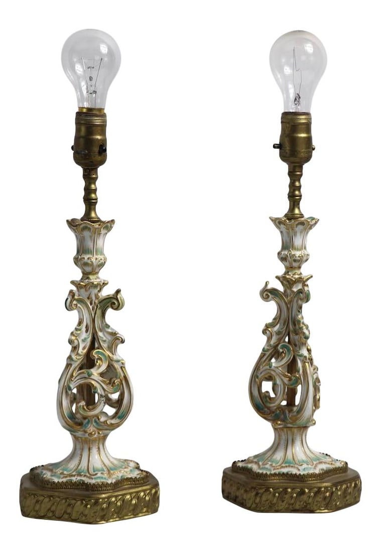 Antique Cream Porcelain Boudoir Lamps Pair Dresden Meissen Style (1 of 10)