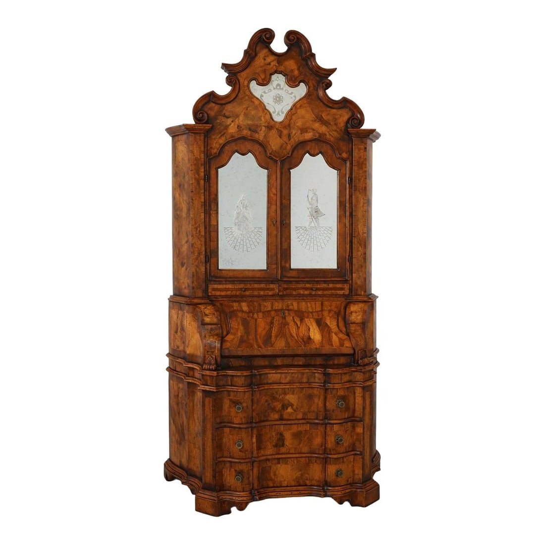 Distressed Finish Wood Secretary Desk With Etched Mirror Glass Panels: Distressed Finish Wood Secretary Desk With Etched Mirror Glass Panels This Italian secretary desk features exceptionally high-quality construction with a distressed finish that gives it a period-authe