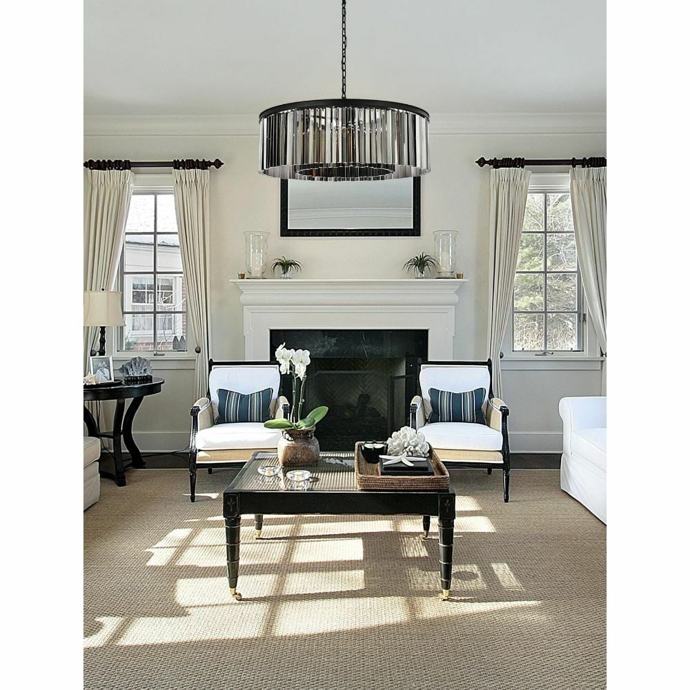 Sydney 10-Light Matte Black Crystal Chandelier for Dining or Foyer 43.5 Inch: Sydney 10-Light Matte Black Crystal Chandelier for Dining or Foyer 43.5 Inch This modern crystal chandelier features a matte black frame and is adorned with high-quality silver shade crystals. Designe
