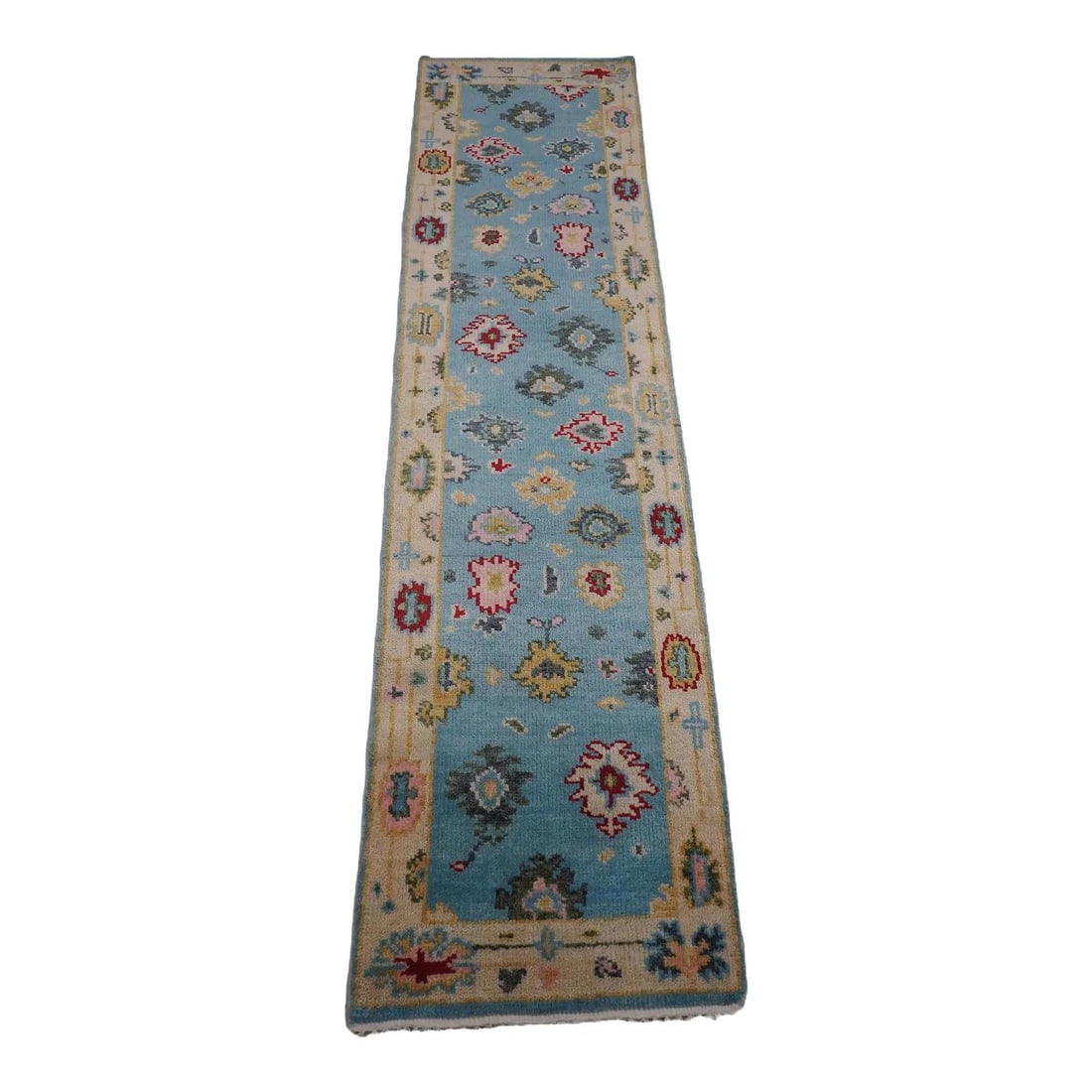 Blue Wool Handwoven Runner Rug Turkish Inspired 29 x 123 Inches (1 of 10)