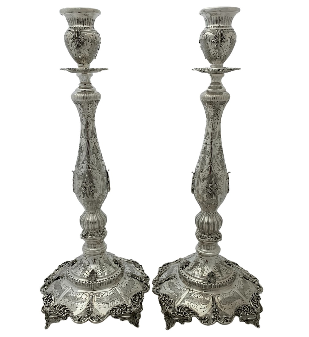 Handmade 925 Sterling Silver Chased Leaf Candlesticks 17.50 Inches (1 of 4)