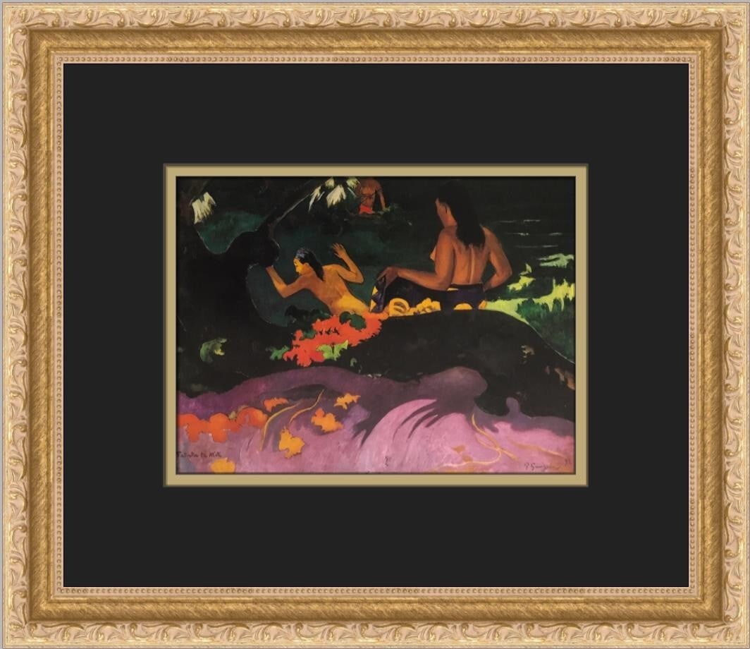 Paul Gauguin Fatata te Miti Custom Framed Lithograph Print: Paul Gauguin Fatata te Miti Custom Framed Lithograph Print This stunning custom framed print titled "Fatata te Miti On The Beach" by Paul Gauguin captures the essence of Impressionism. Measuring 12 in