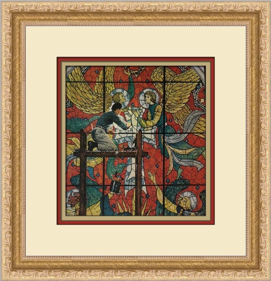 Norman Rockwell Repairing Stained Glass Custom Framed Print 14 x 13 Americana Art: Norman Rockwell Repairing Stained Glass Custom Framed Print 14 x 13 Americana Art This exquisite custom framed print titled "Repairing Stained Glass" by renowned artist Norman Rockwell captures the